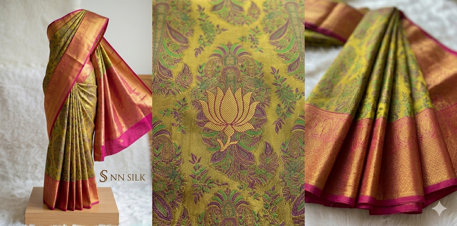 Why This Dual-Tone Mustard & Pink Kanchipuram Silk Saree is Every Bride’s Dream | Shop Direct from Manufacturers