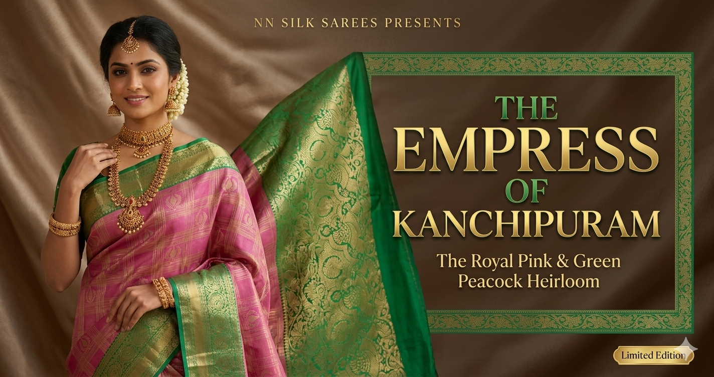 The Imperial Confluence: Emerald Green Meets Royal Plum in Polister Kanchipuram Silk