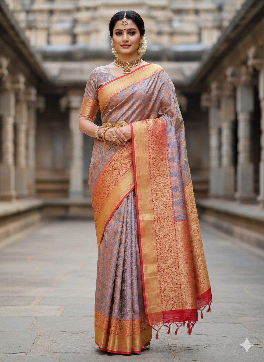 Kanchipuram polyester silk sarees collection - lightweight easy-care South Indian sarees with zari borders and rich colours at NN Silk Sarees