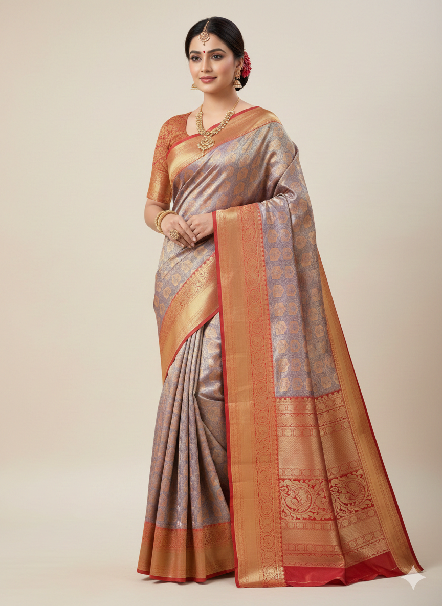 Kanchipuram half mix silk sarees collection - traditional South Indian sarees with pure silk body and art silk border at NN Silk Sarees