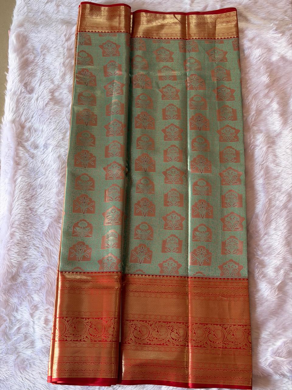 Vibhuti green Kanchipuram polyester saree body - lightweight lustrous polyester silk