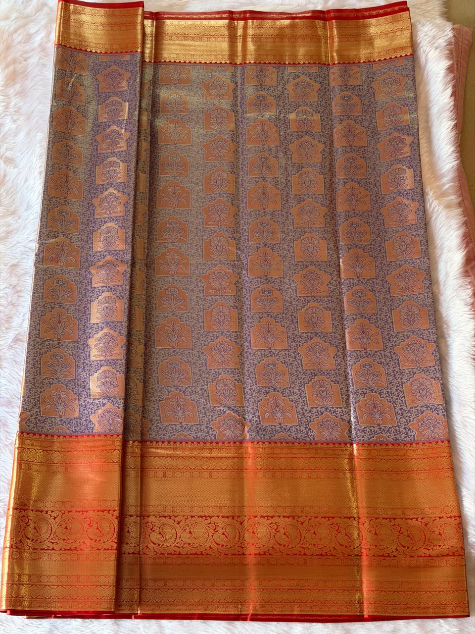 Lilac and gold Kanchipuram polyester saree body with intricate floral temple butta motifs