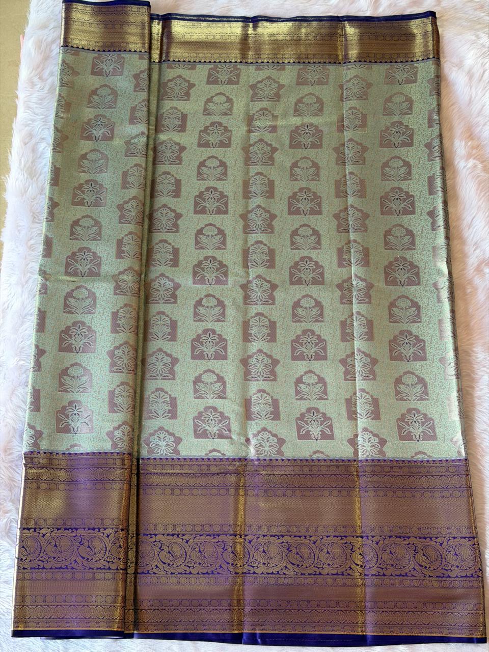 Sage green Kanchipuram polyester saree body - lustrous lightweight fabric
