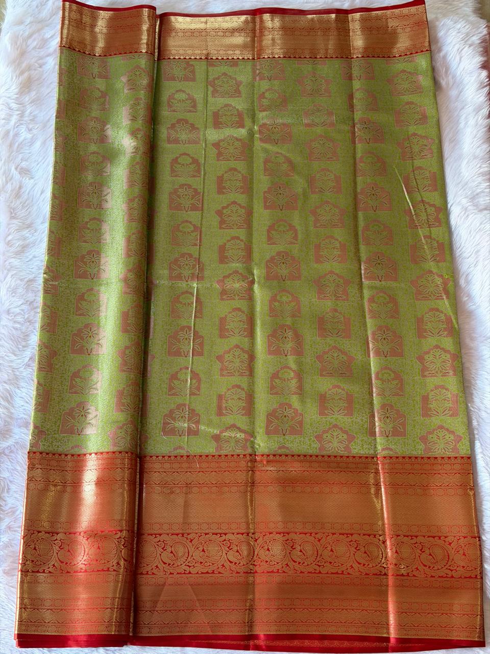 Sage green Kanchipuram polyester saree body - rich sheen easy care fabric
