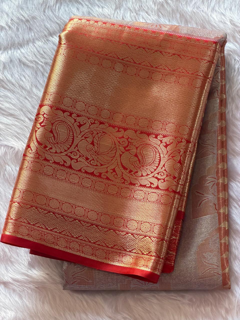 Crimson red and gold zari border with traditional peacock temple motifs on grey Kanchipuram saree