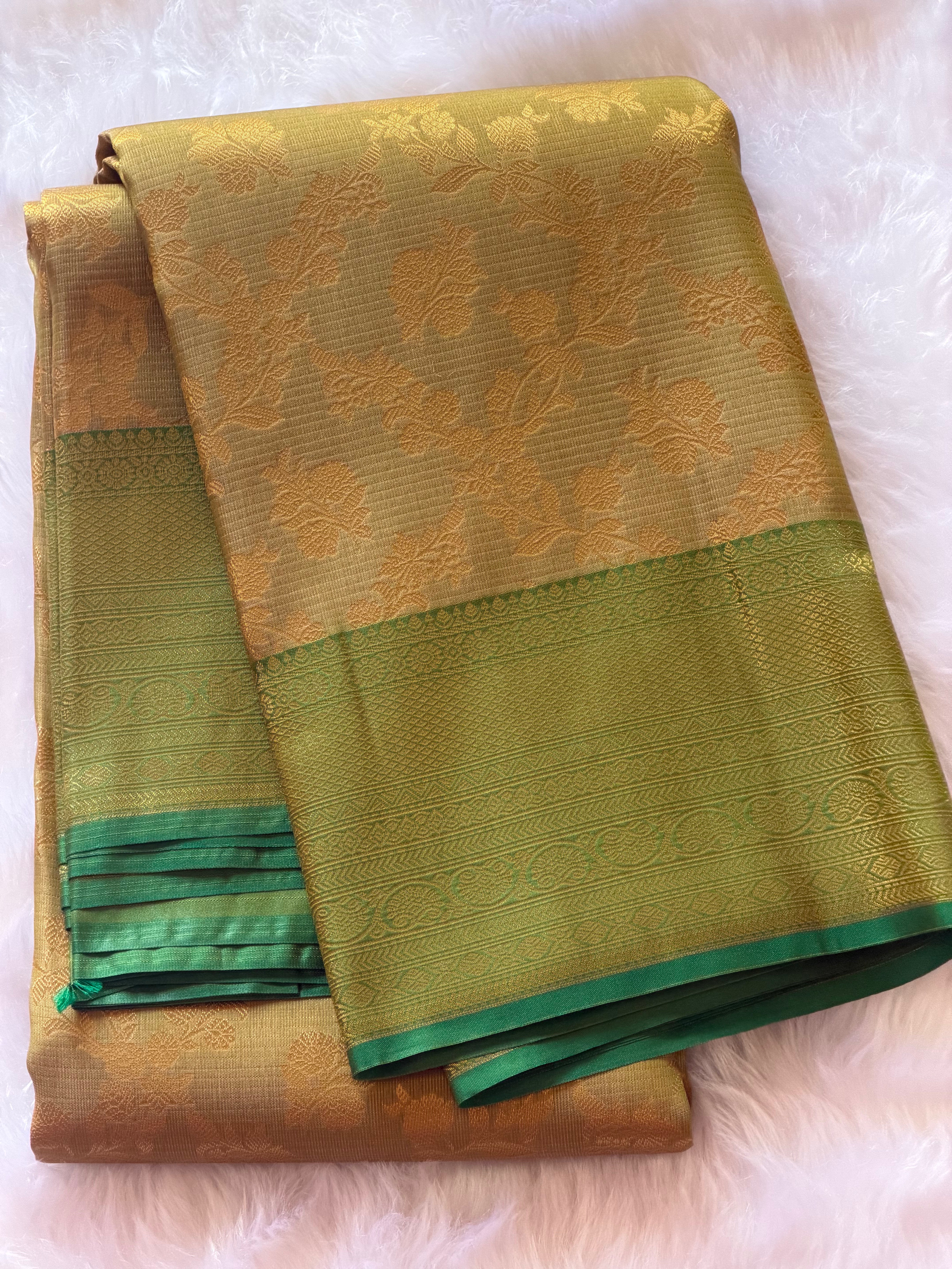 Olive gold Kanchipuram polyester saree body with intricate all-over floral jacquard pattern