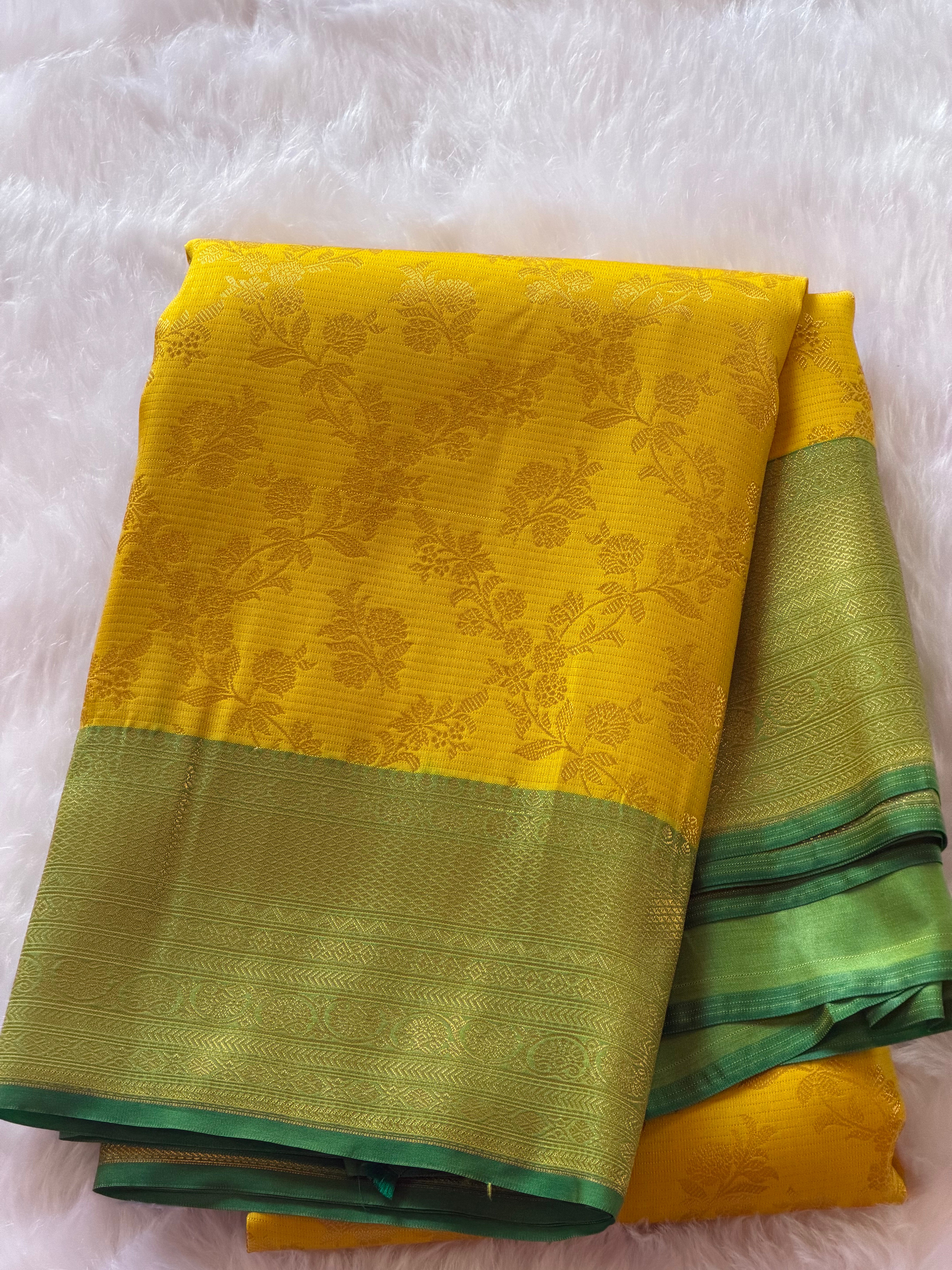 Mustard yellow Kanchipuram polyester saree body with intricate floral jaal creeper pattern
