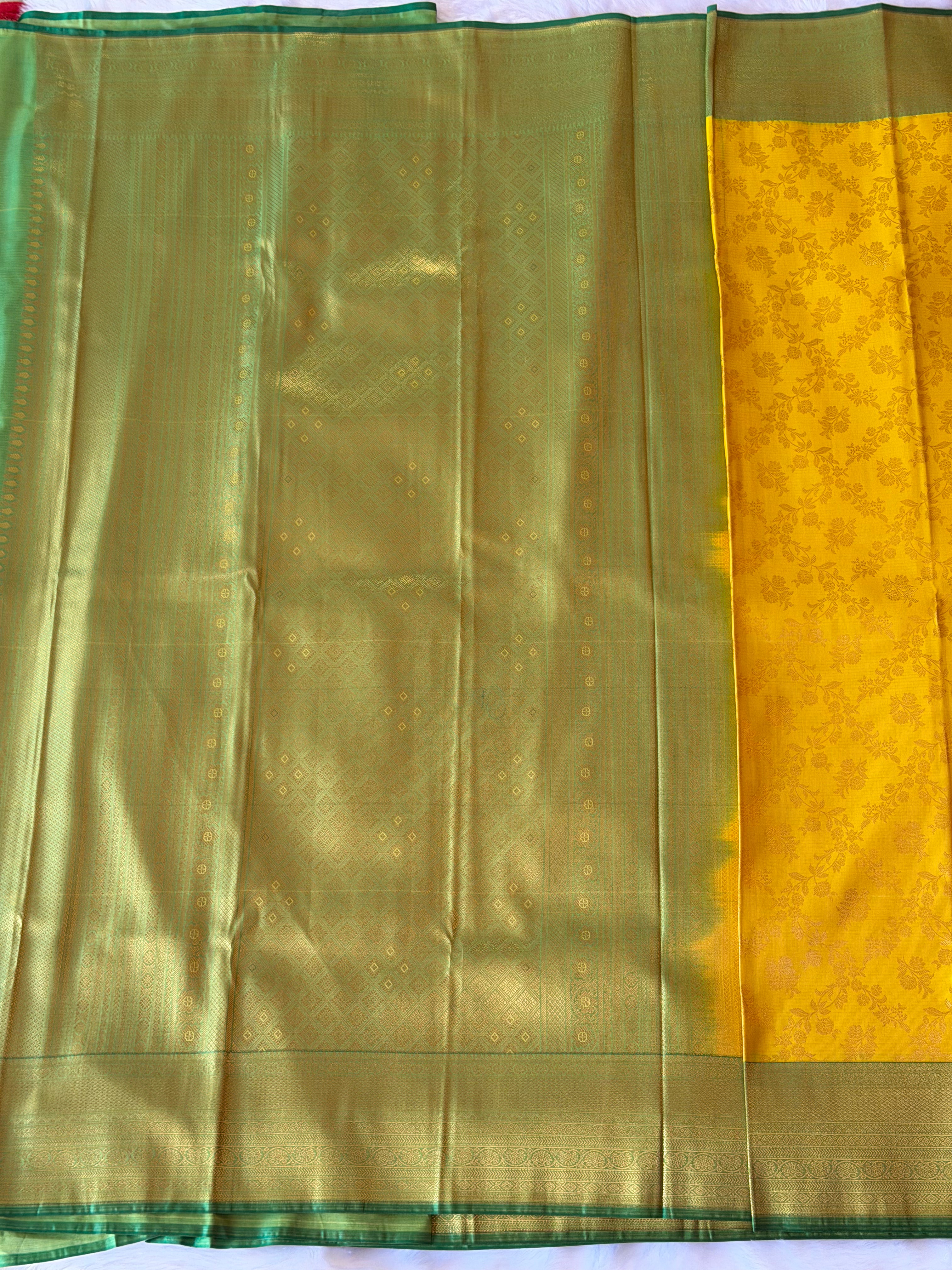 Sage green zari border on mustard yellow Kanchipuram polyester saree - festive South Indian saree
