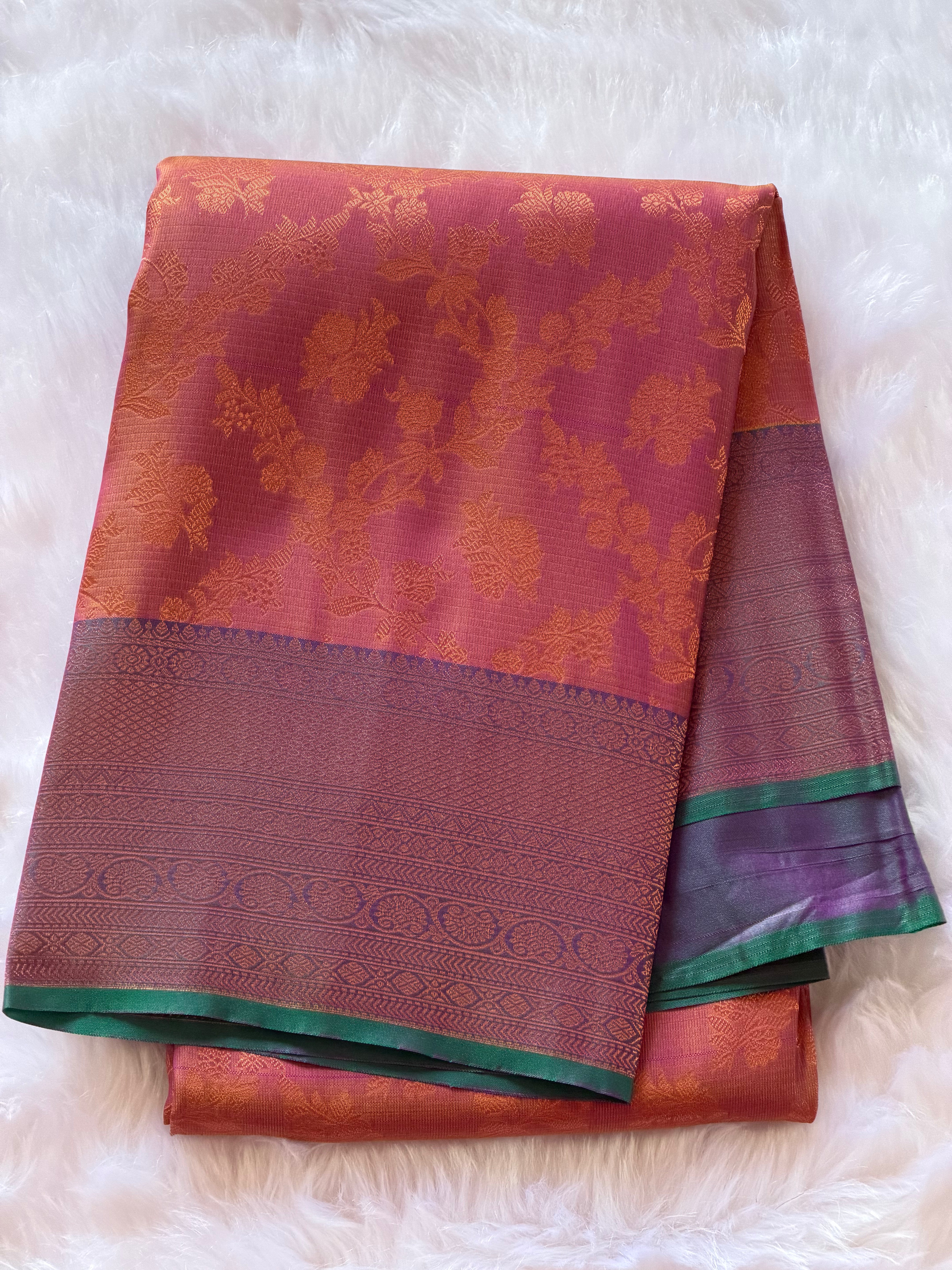 Russet orange Kanchipuram polyester saree body with intricate floral jacquard motifs