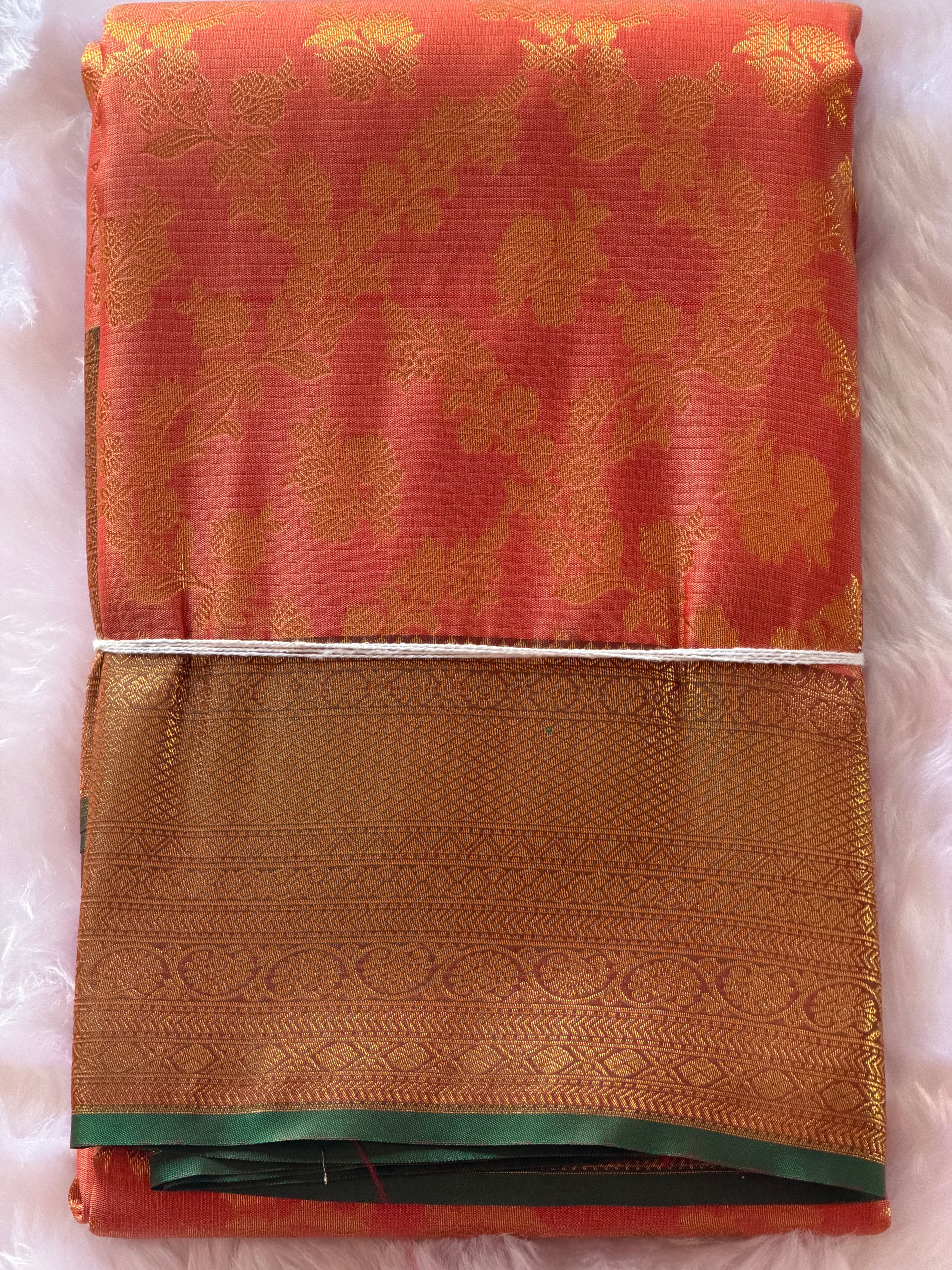 Soft peach Kanchipuram polyester saree draped view - pastel elegance for baby shower and mehendi
