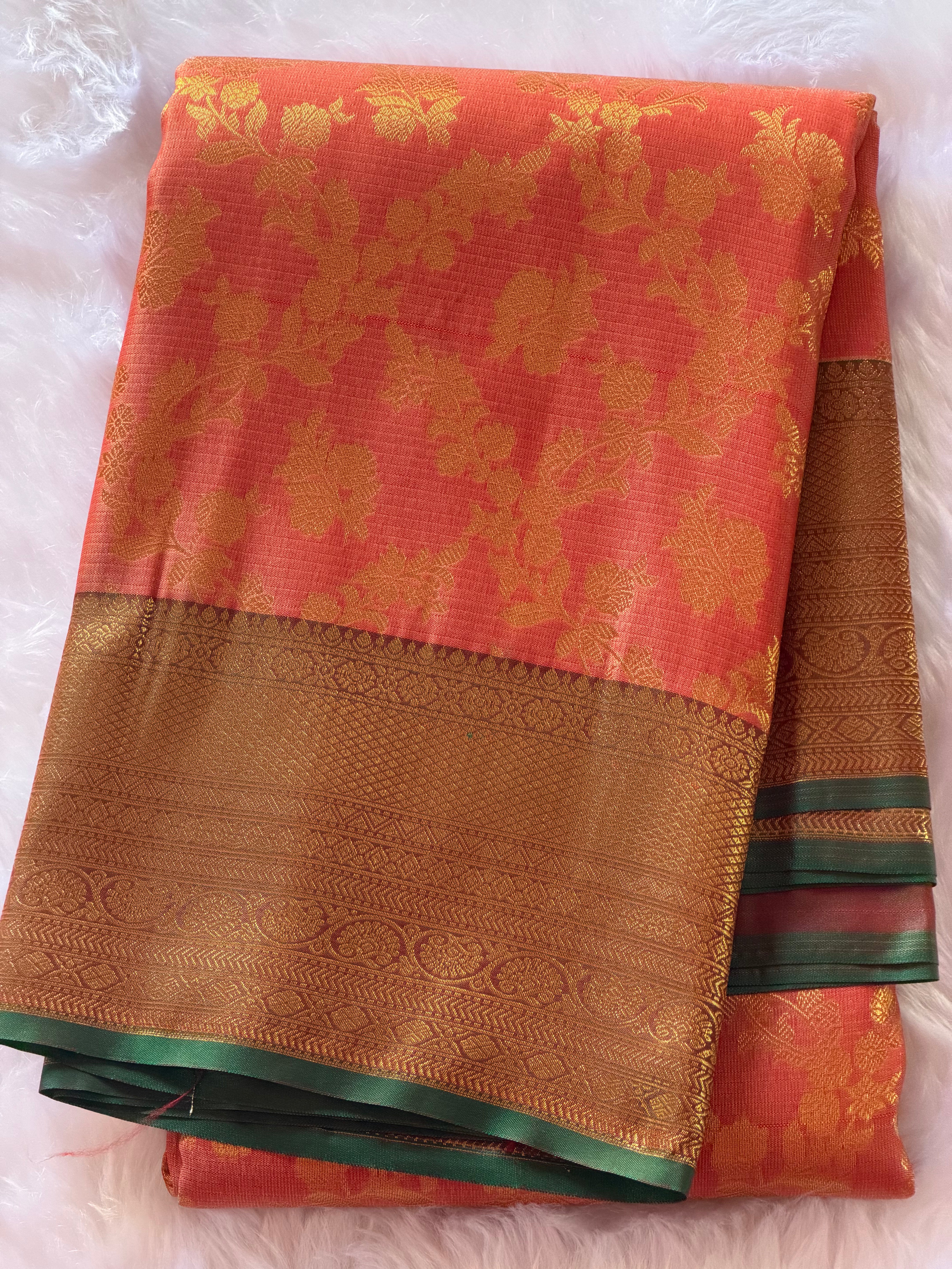 Peach Kanchipuram polyester saree body with intricate gold floral zari motifs