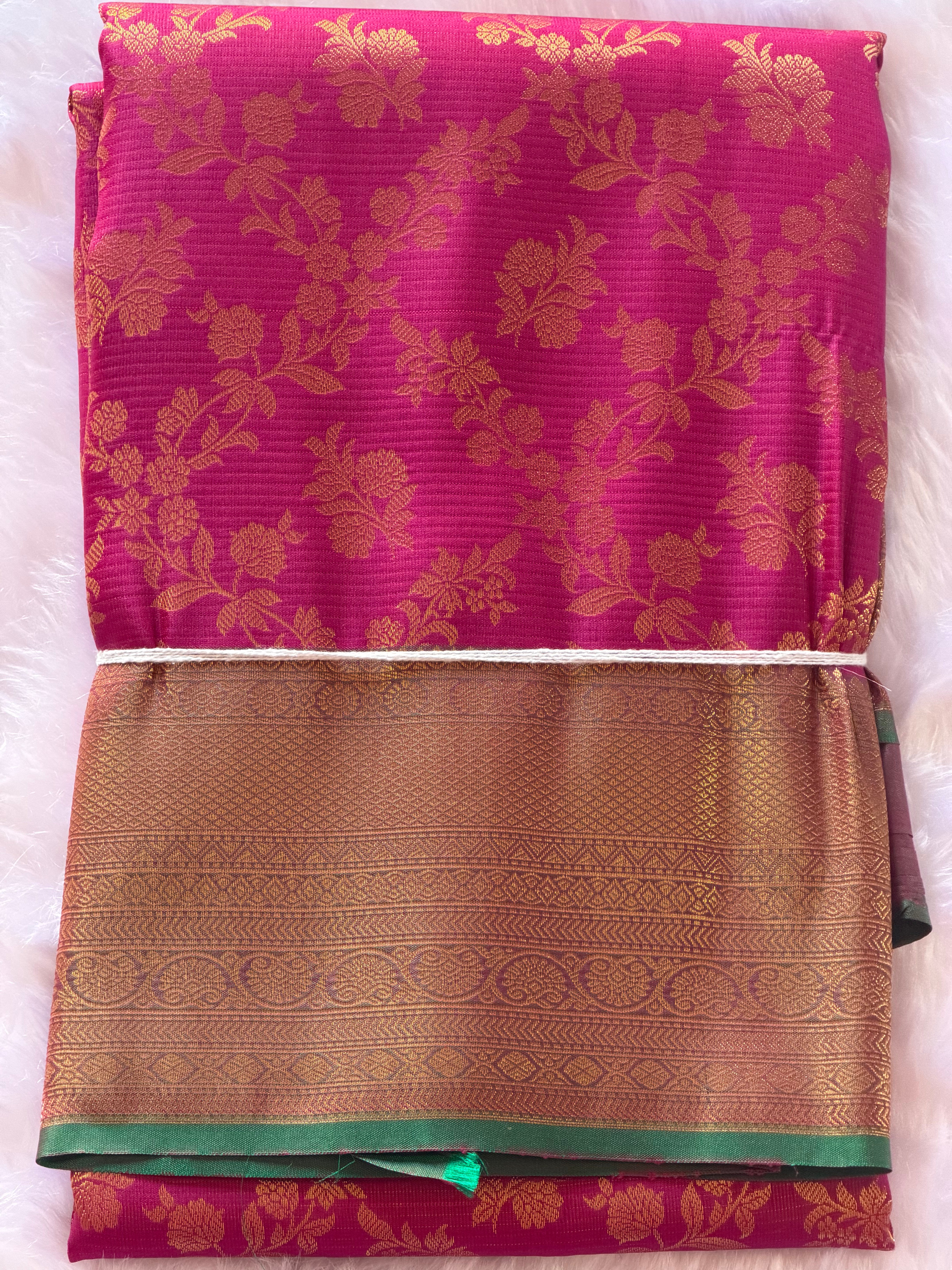 Magenta Kanchipuram polyester saree draped view - bold festive saree for Diwali and sangeet