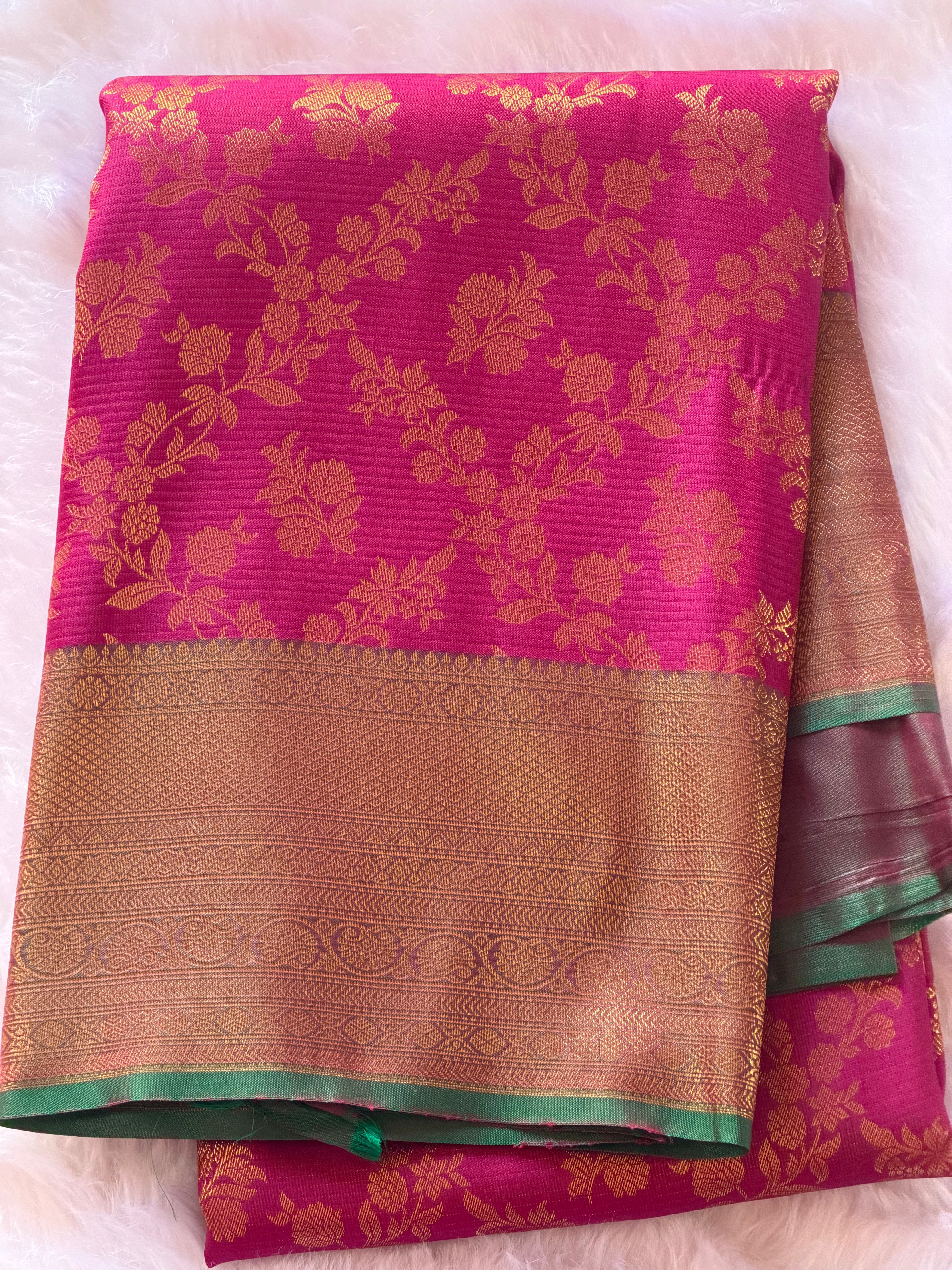 Magenta Kanchipuram polyester saree body with intricate gold zari floral butta pattern