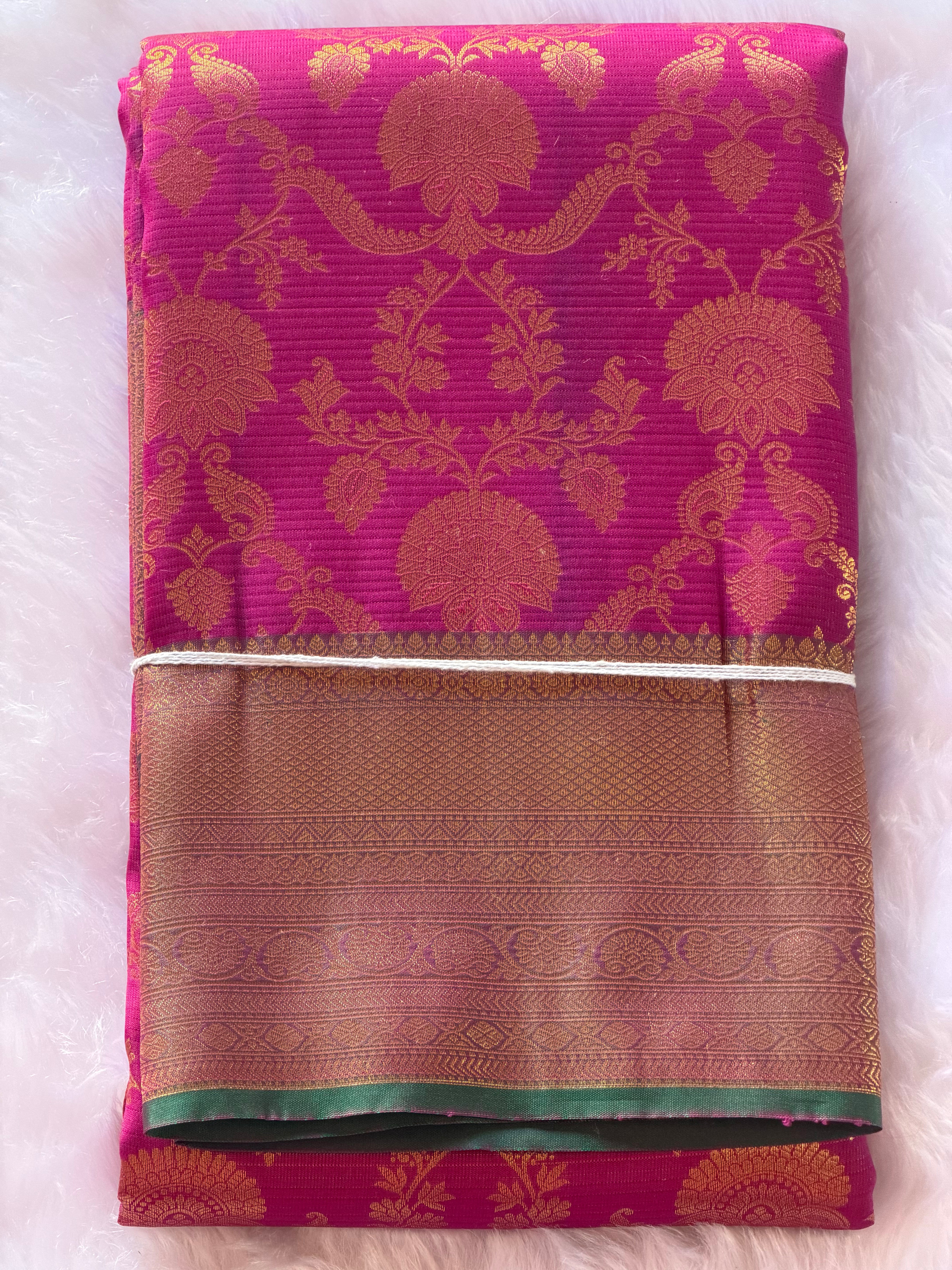 Royal magenta Kanchipuram polyester saree draped view - bold South Indian festive saree