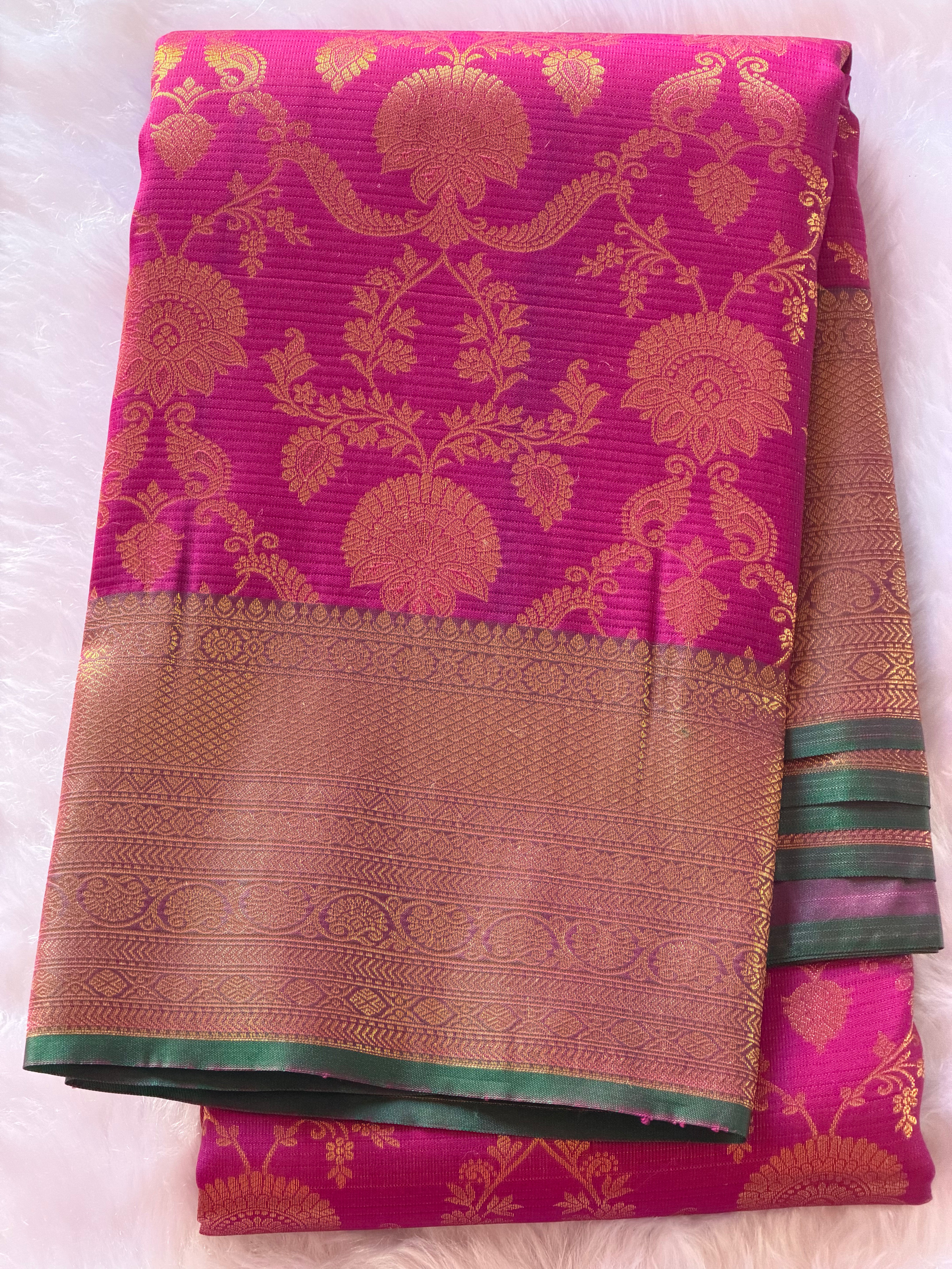 Royal magenta Kanchipuram polyester saree body with gold zari floral medallion motifs