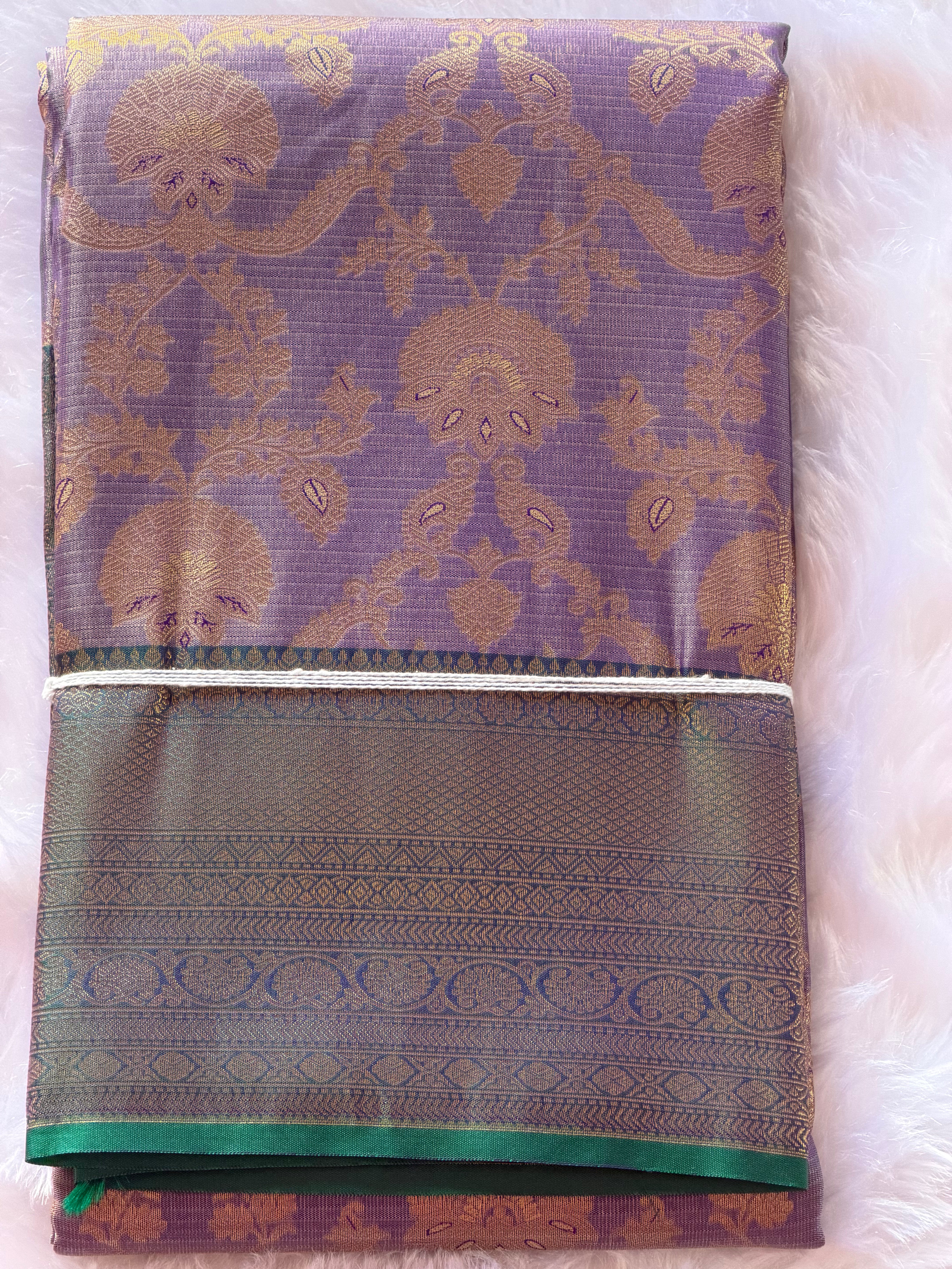 Soft lavender Kanchipuram polyester saree draped view - pastel South Indian festive saree