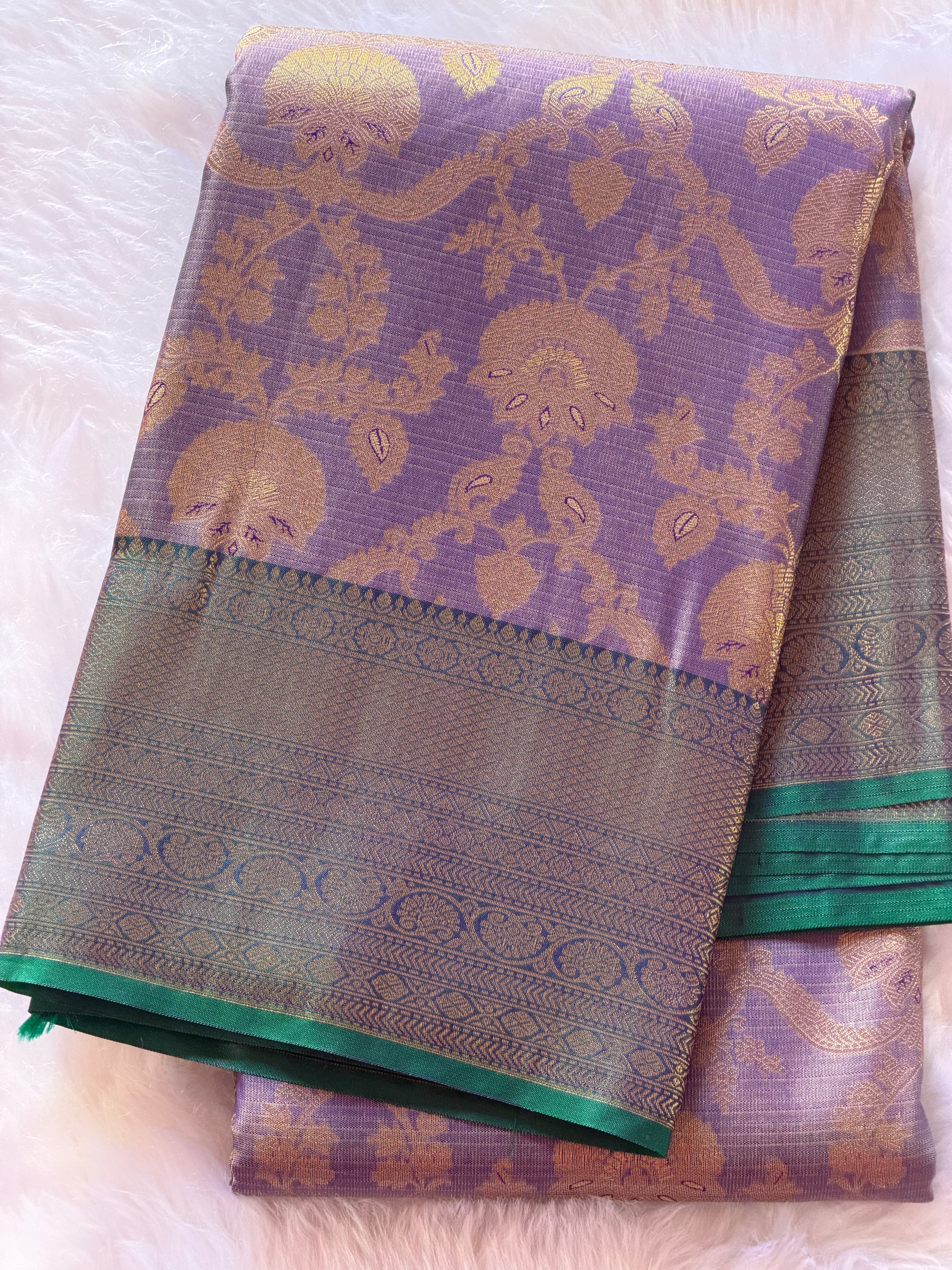 Lavender Kanchipuram polyester saree body with intricate gold zari floral motifs