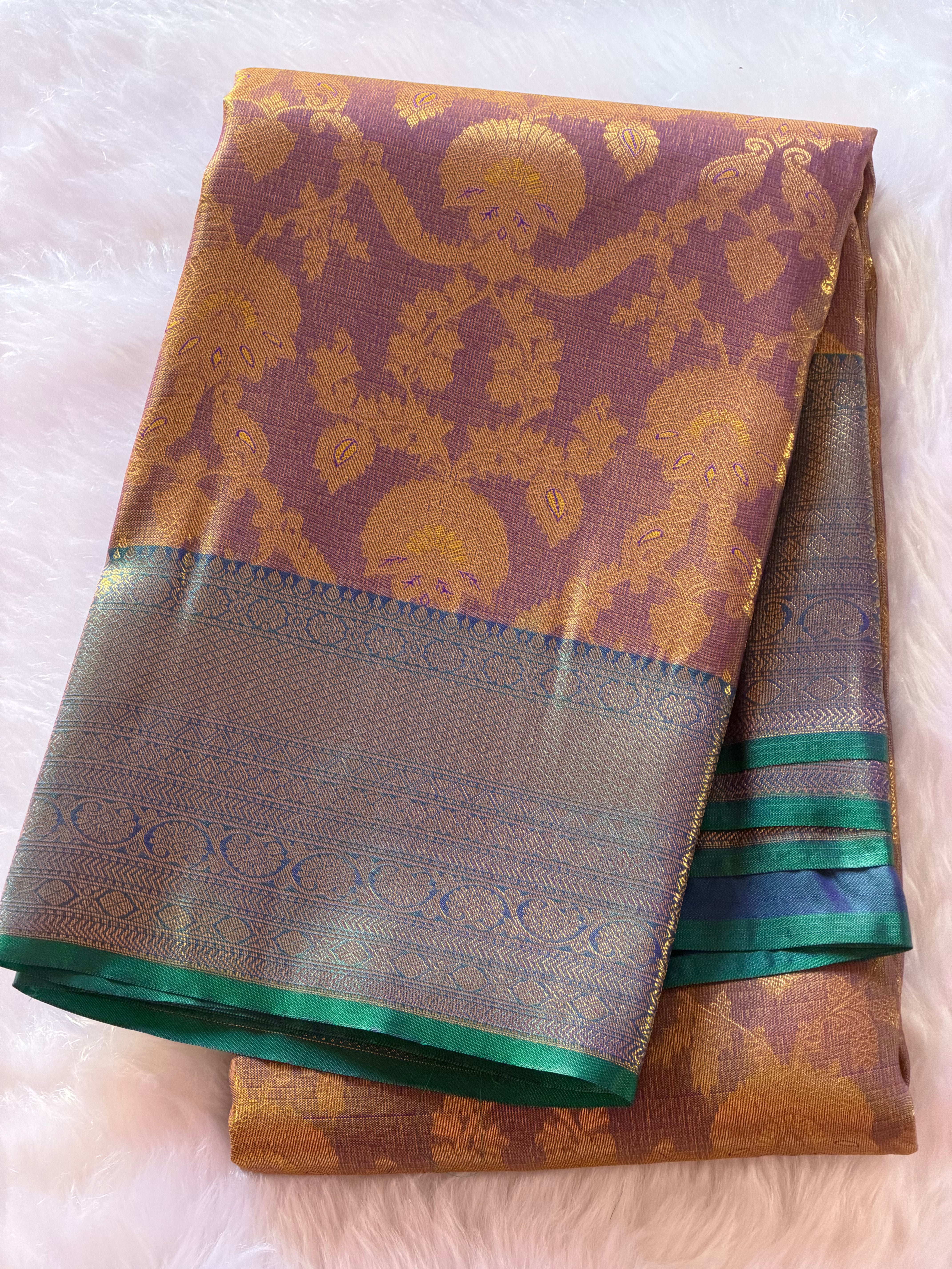 Rich mauve Kanchipuram polyester saree body with intricate gold zari floral motifs