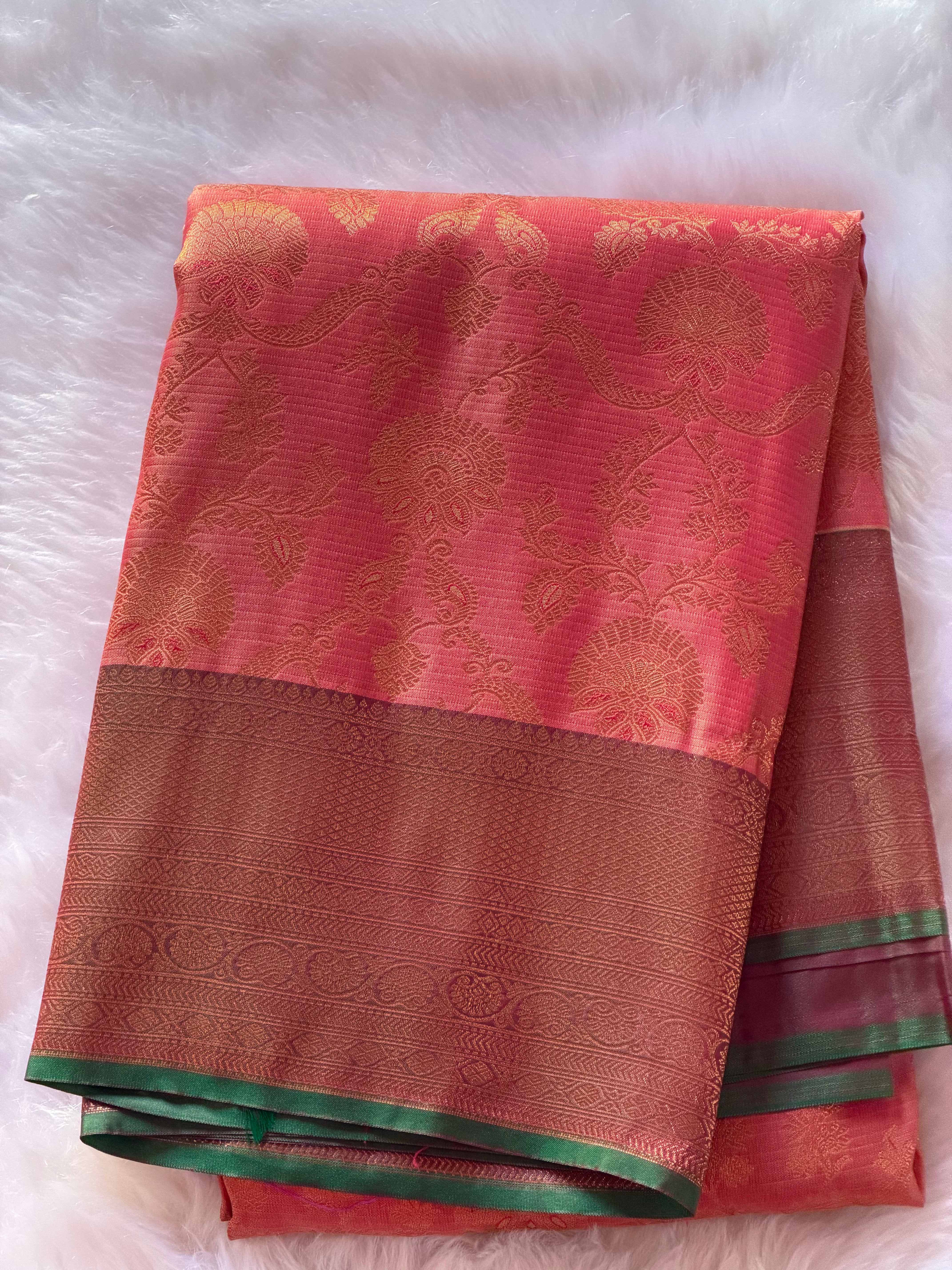 Peach Kanchipuram polyester saree body with golden floral zari medallion motifs