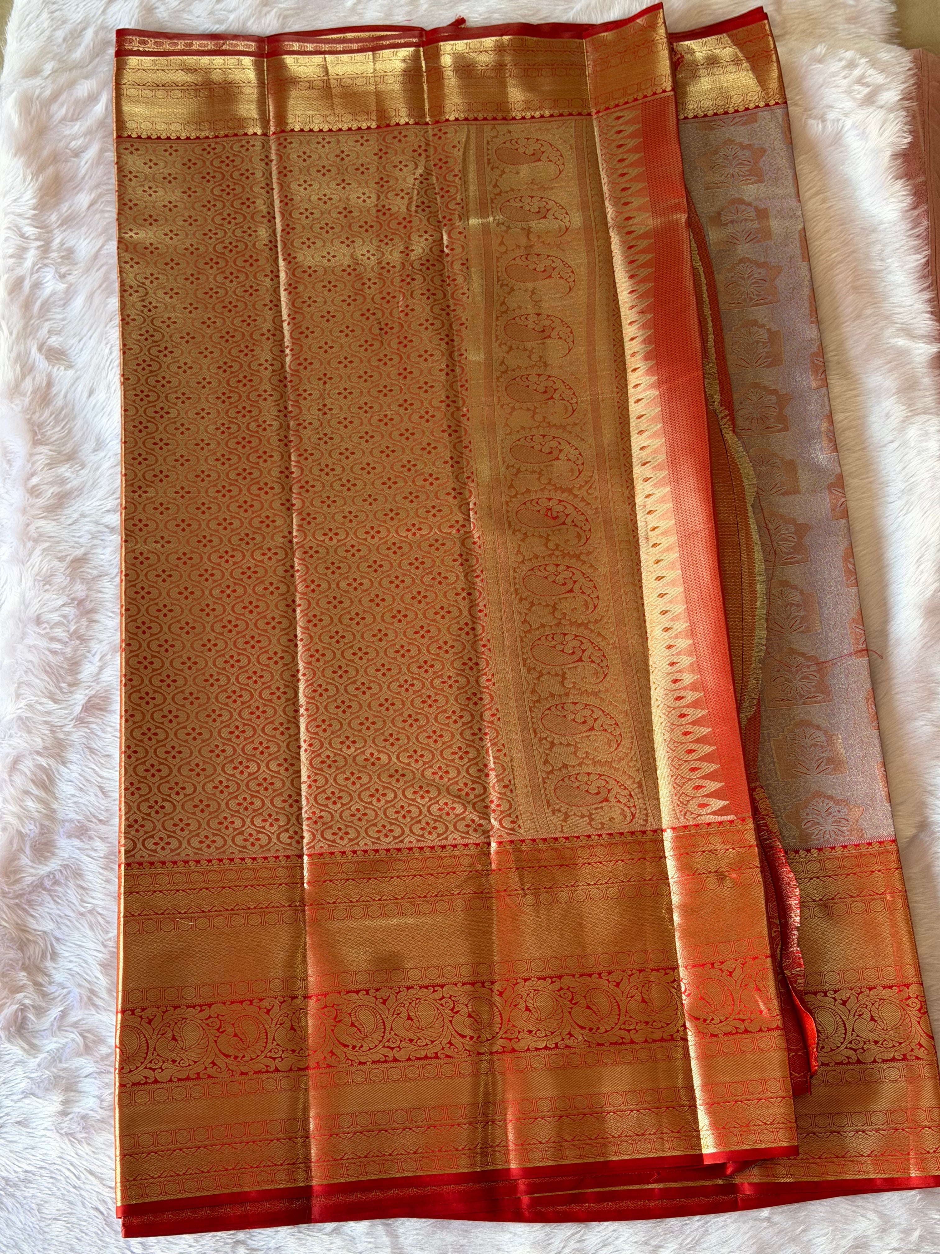 Grey and crimson red Kanchipuram polyester saree full view - South Indian wedding saree