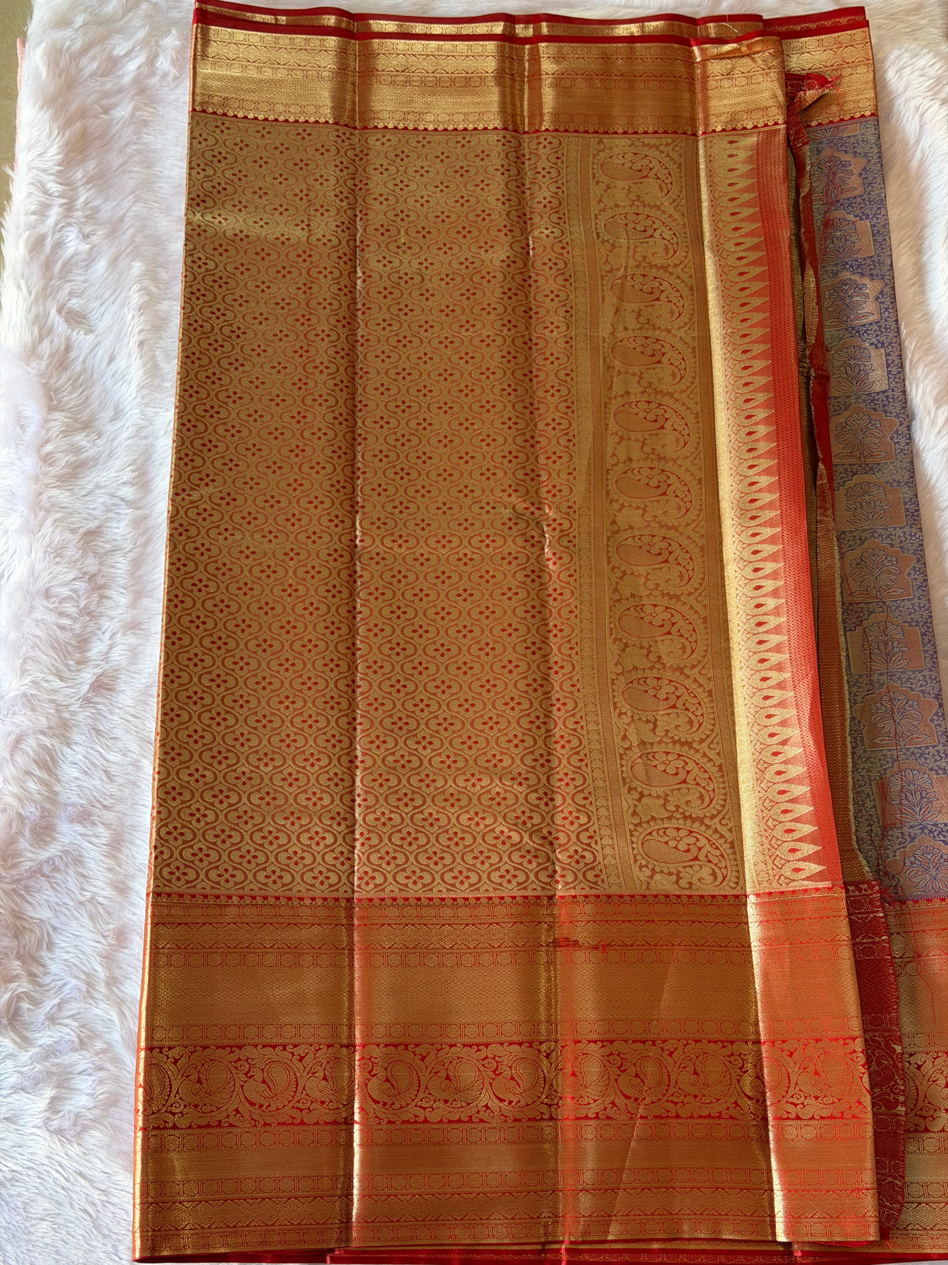 Lilac Kanchipuram polyester saree full view - soft smooth drape ideal for weddings and Diwali