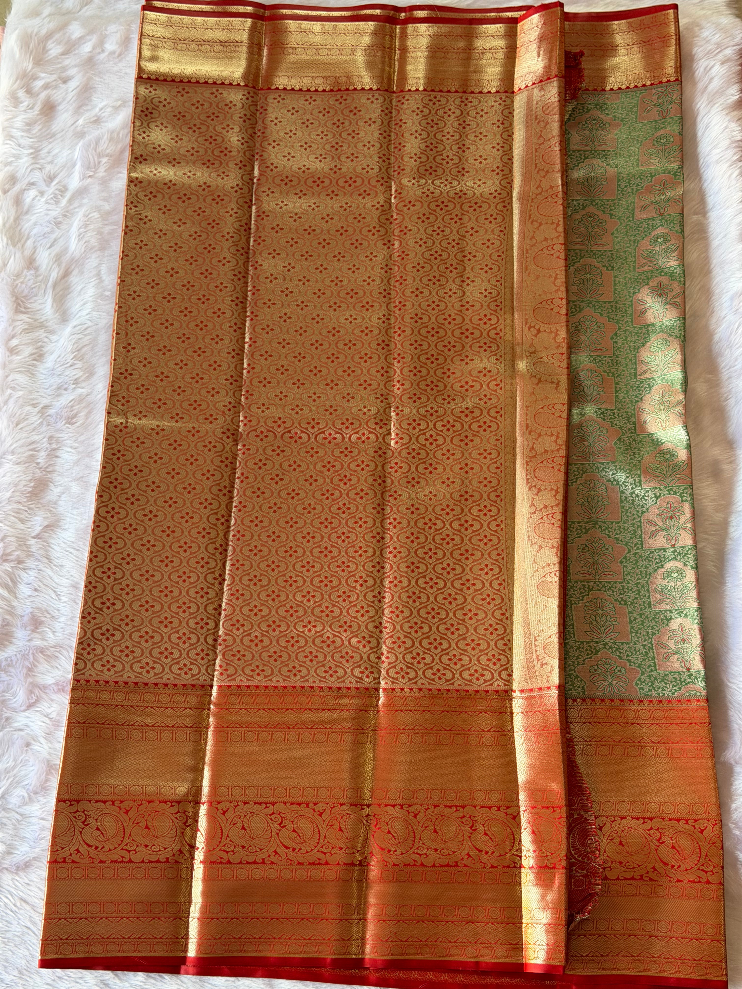 Sage green and red Kanchipuram polyester saree draped view - bridal South Indian festive saree
