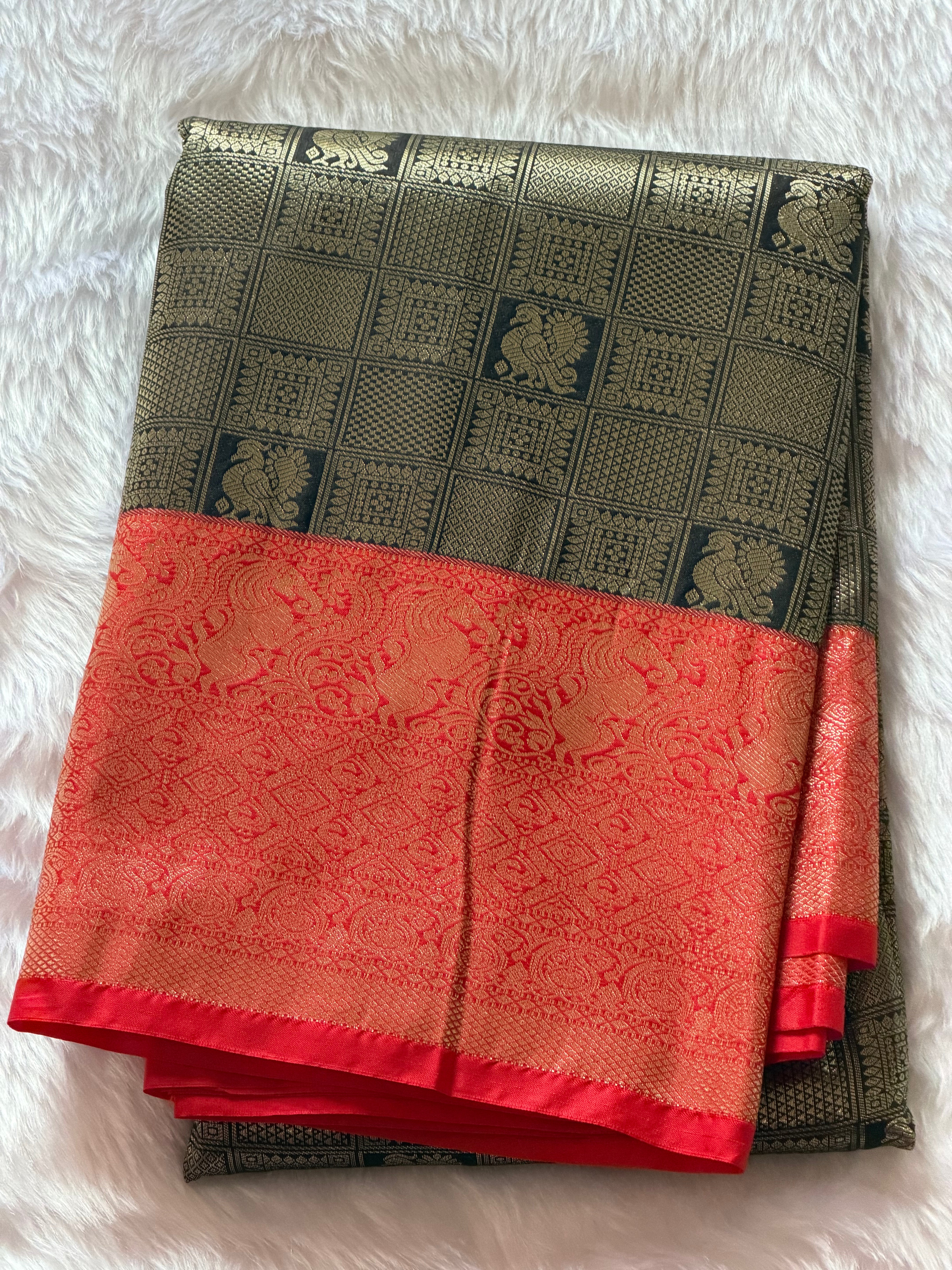 Charcoal Kanchipuram polyester saree full view - dense gold peacock geometric grid with crimson border