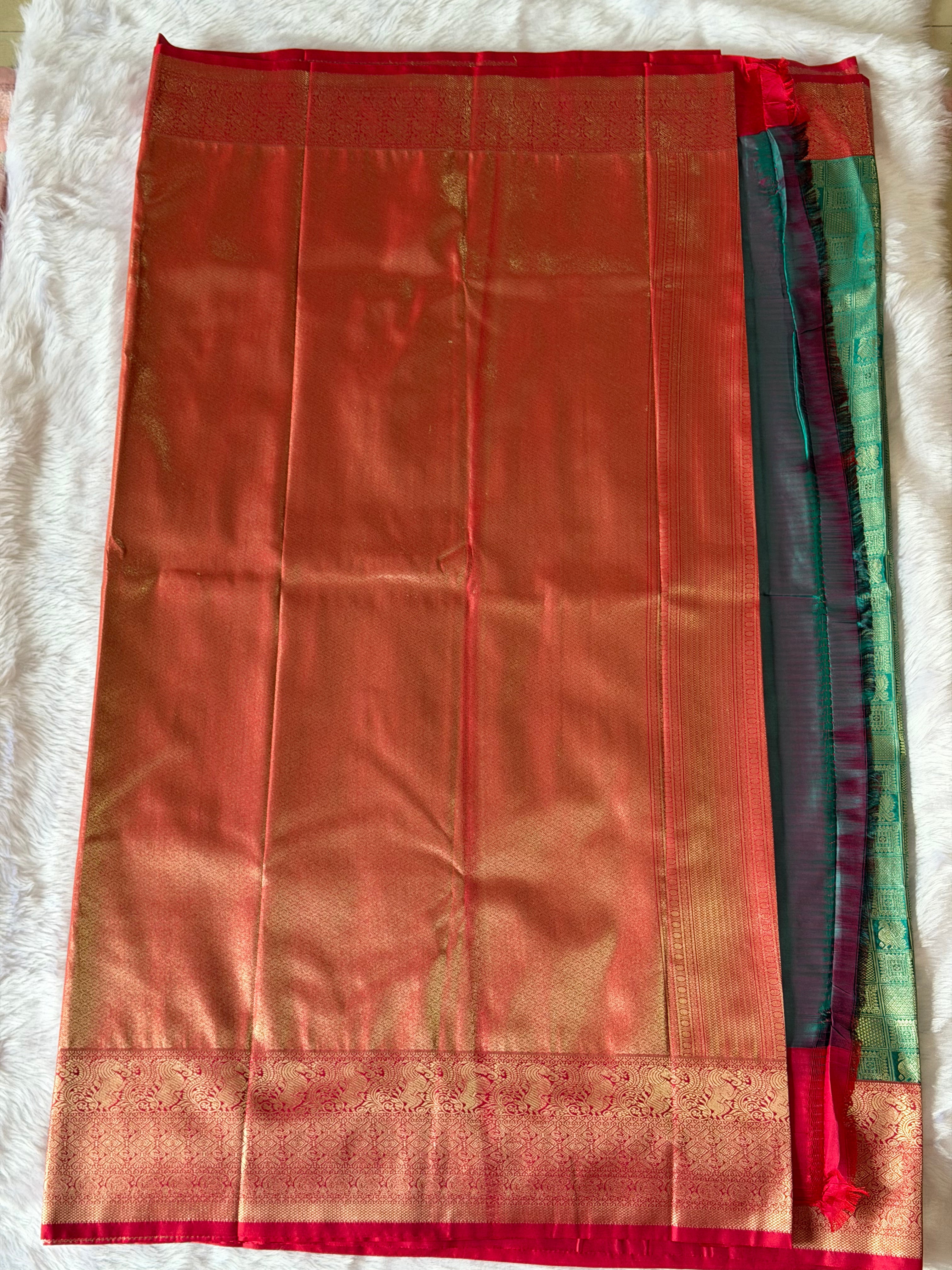 Emerald green Kanchipuram polyester saree body with gold zari kattam check pattern