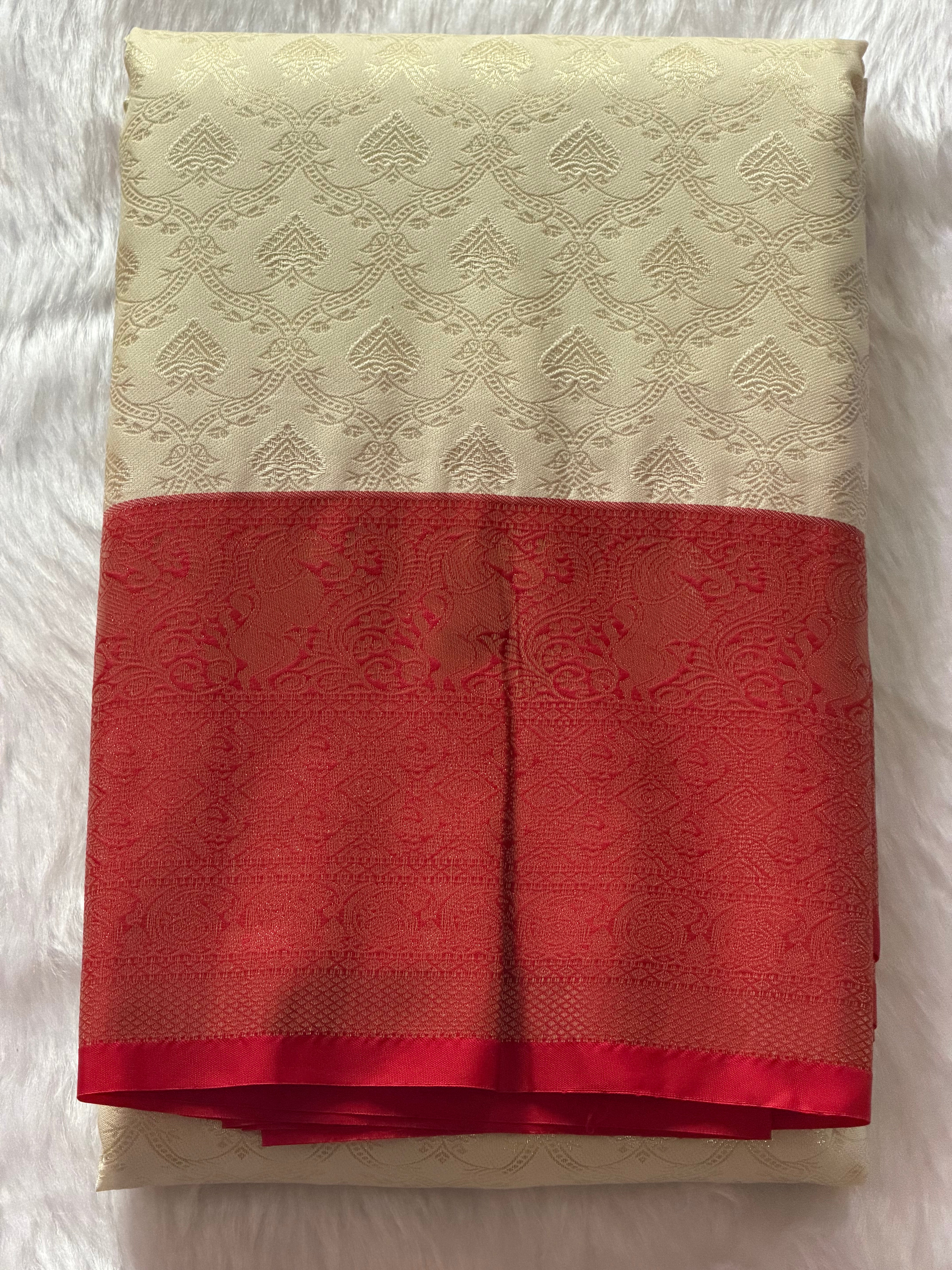 Off-white Kanchipuram polyester saree with red zari border - elegant South Indian festive saree