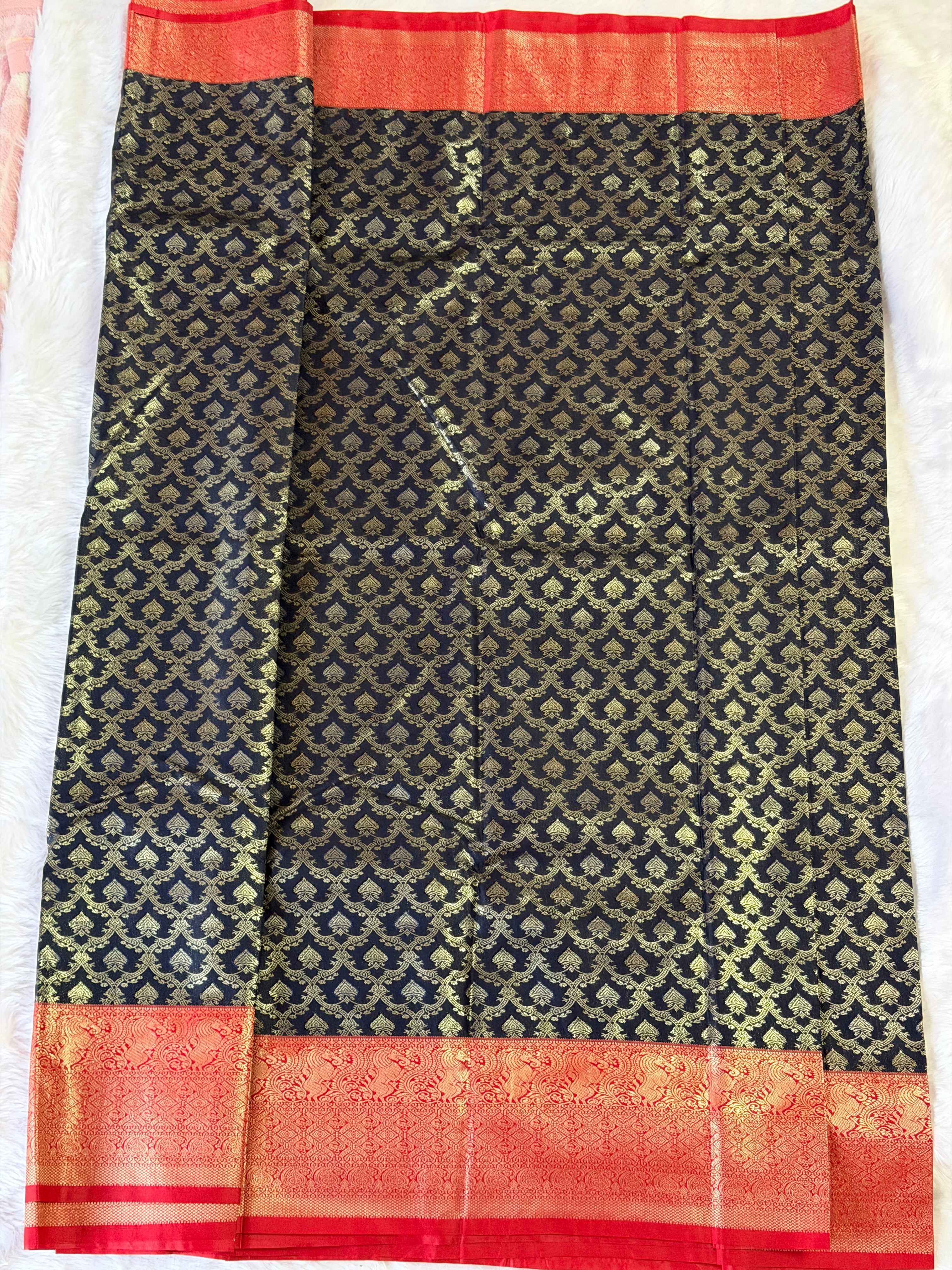Black and red Kanchipuram polyester saree pallu - bold glamorous South Indian festive saree
