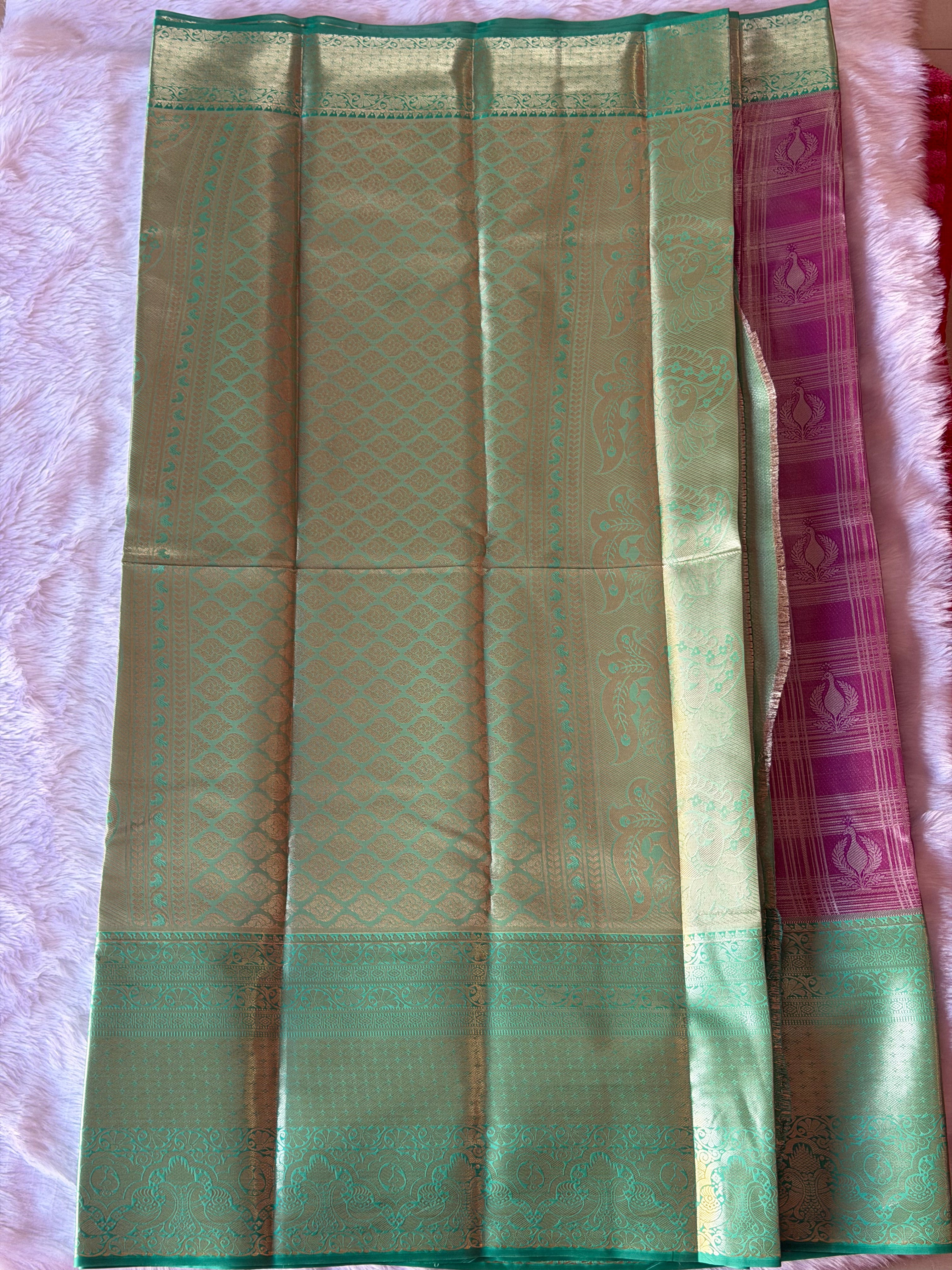 Emerald green and deep purple Kanchipuram polyester saree body - traditional South Indian wedding saree