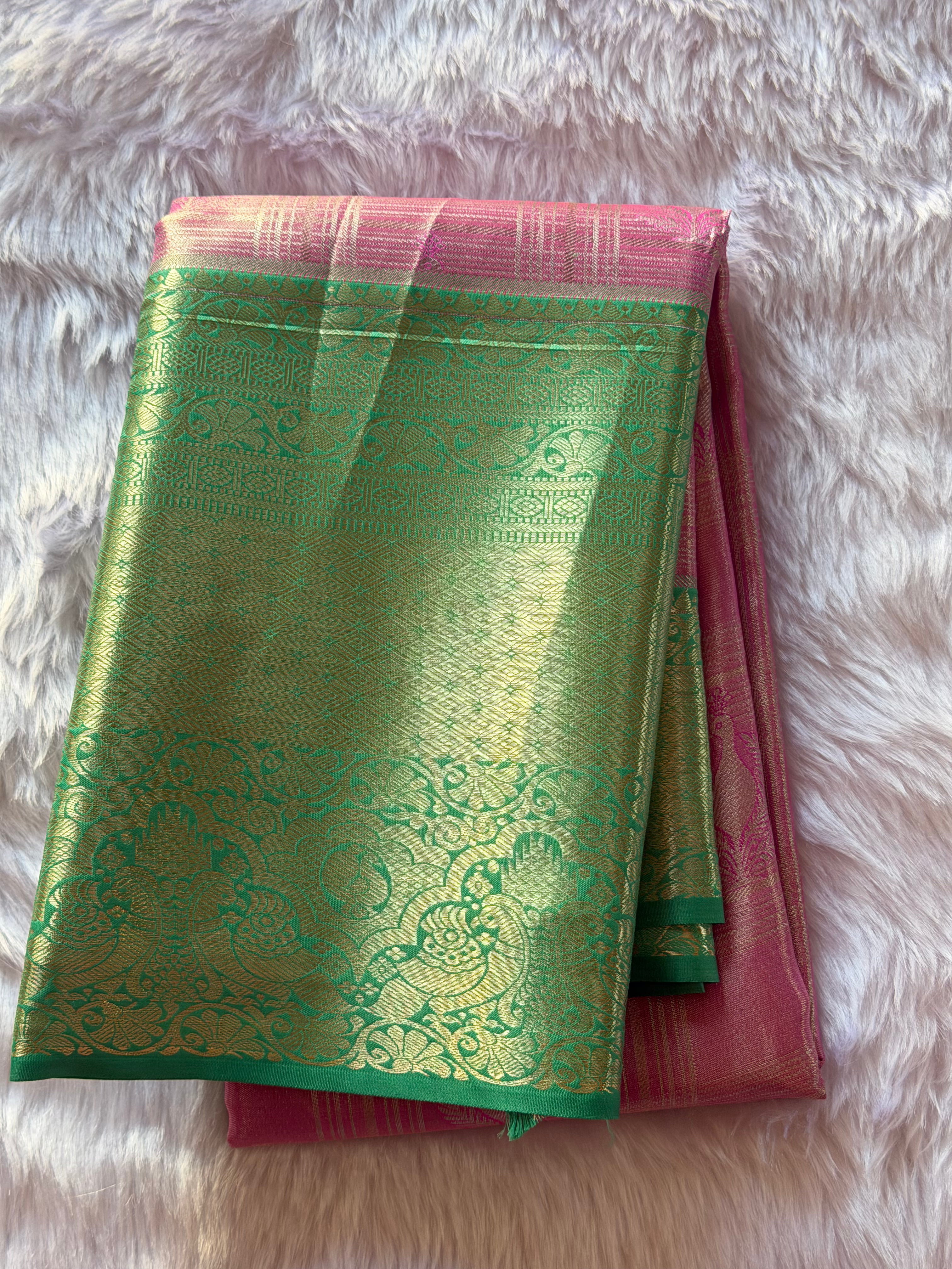 Emerald green Kanchipuram polyester saree full drape view - bold emerald purple for Navarathri and Diwali