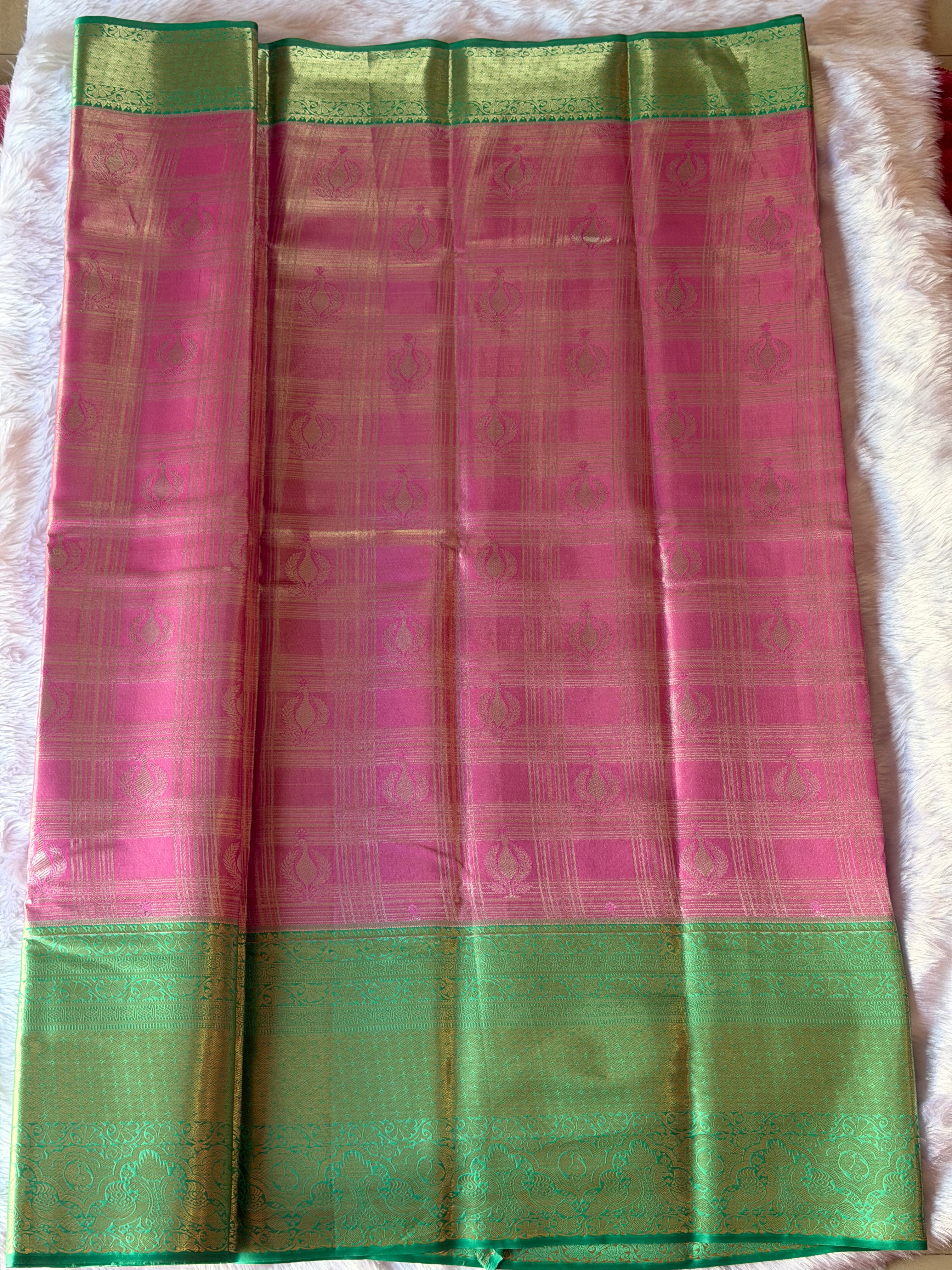 Deep purple border and pallu with zari detail on emerald green Kanchipuram polyester saree