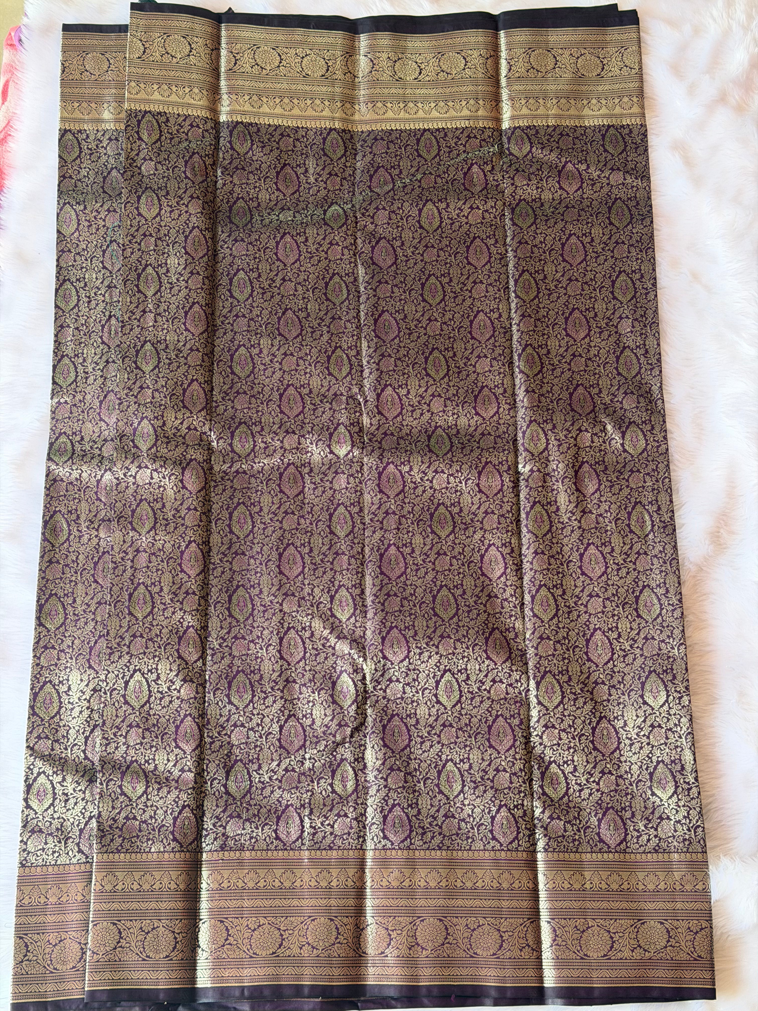 Kanchipuram polyester saree draped view - beautiful drape for weddings and temple visits