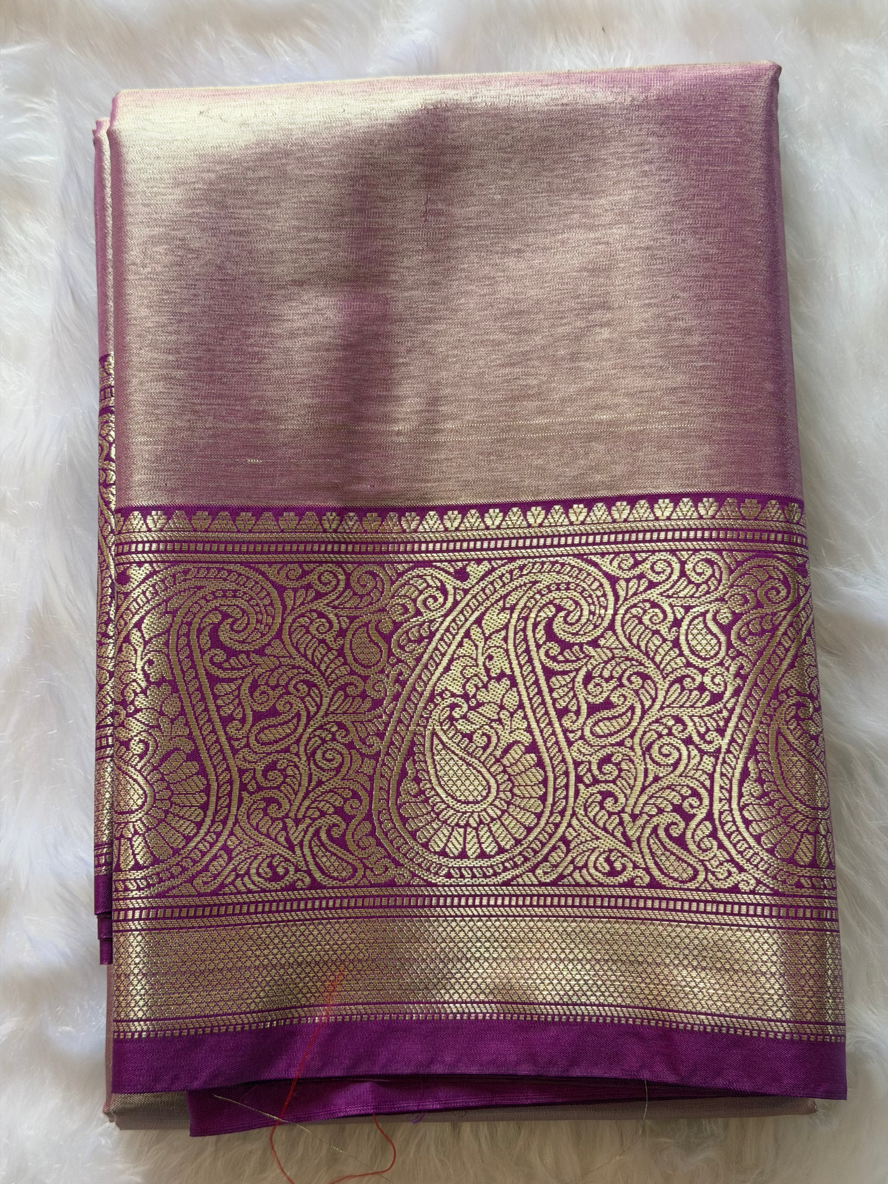 Lightweight golden shimmer Kanchipuram tissue silk saree draped view - ideal for bridal and weddings