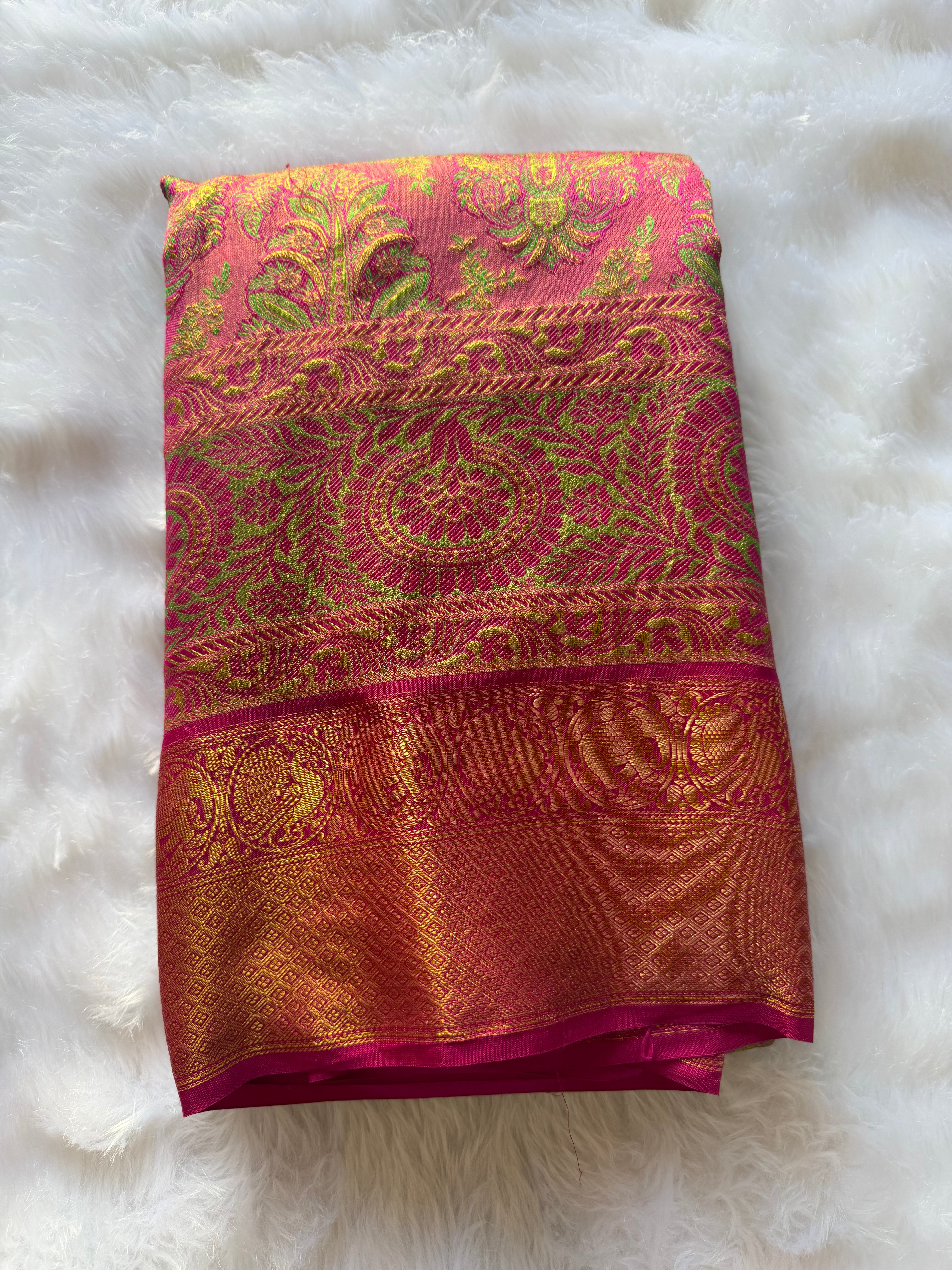 Kanchipuram pure silk saree draped view - handwoven authentic mulberry silk with natural weight and sheen