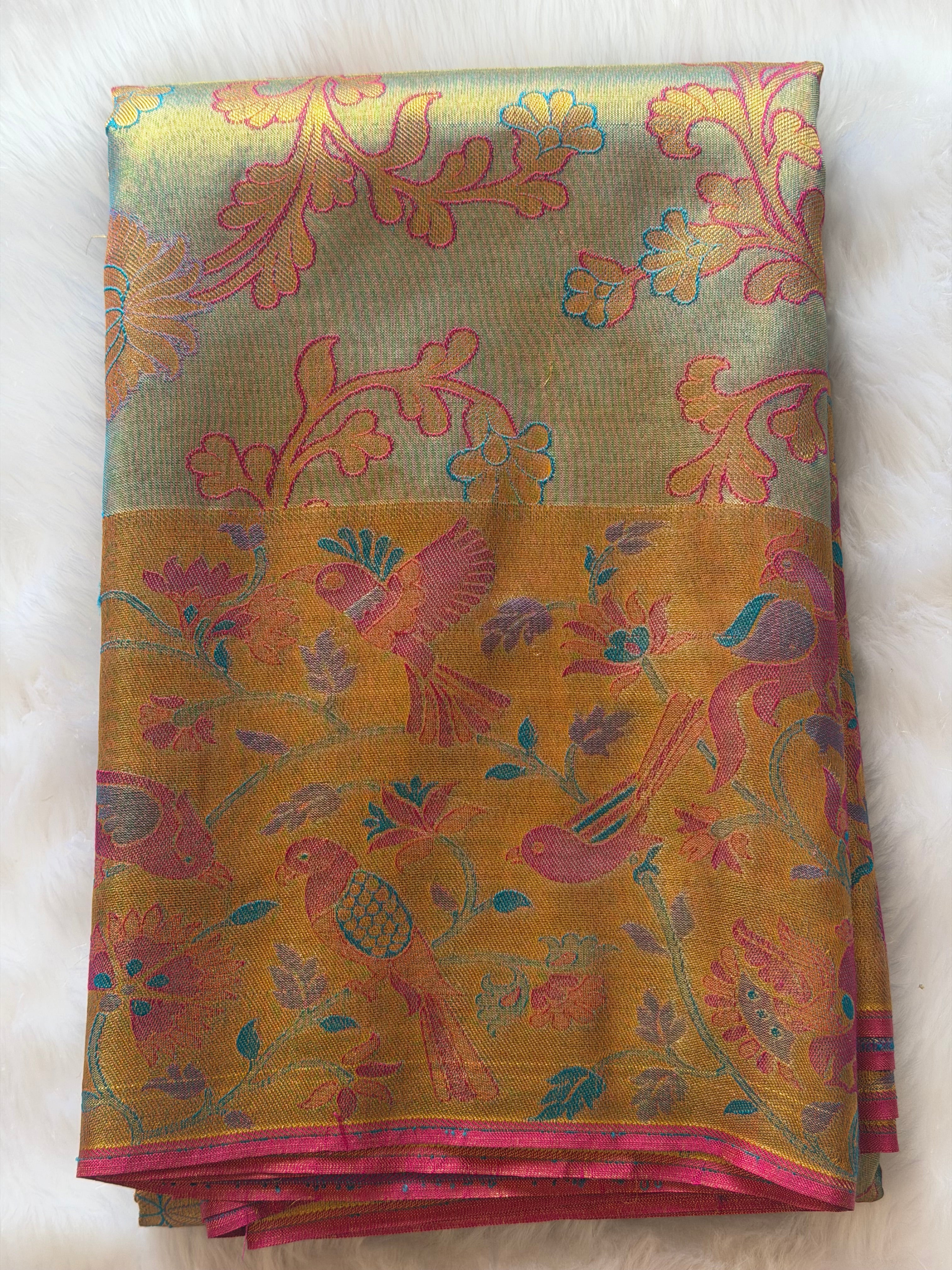 Kanchipuram pure silk saree draped view - brilliant sheen and lasting quality of authentic Kanchipuram silk