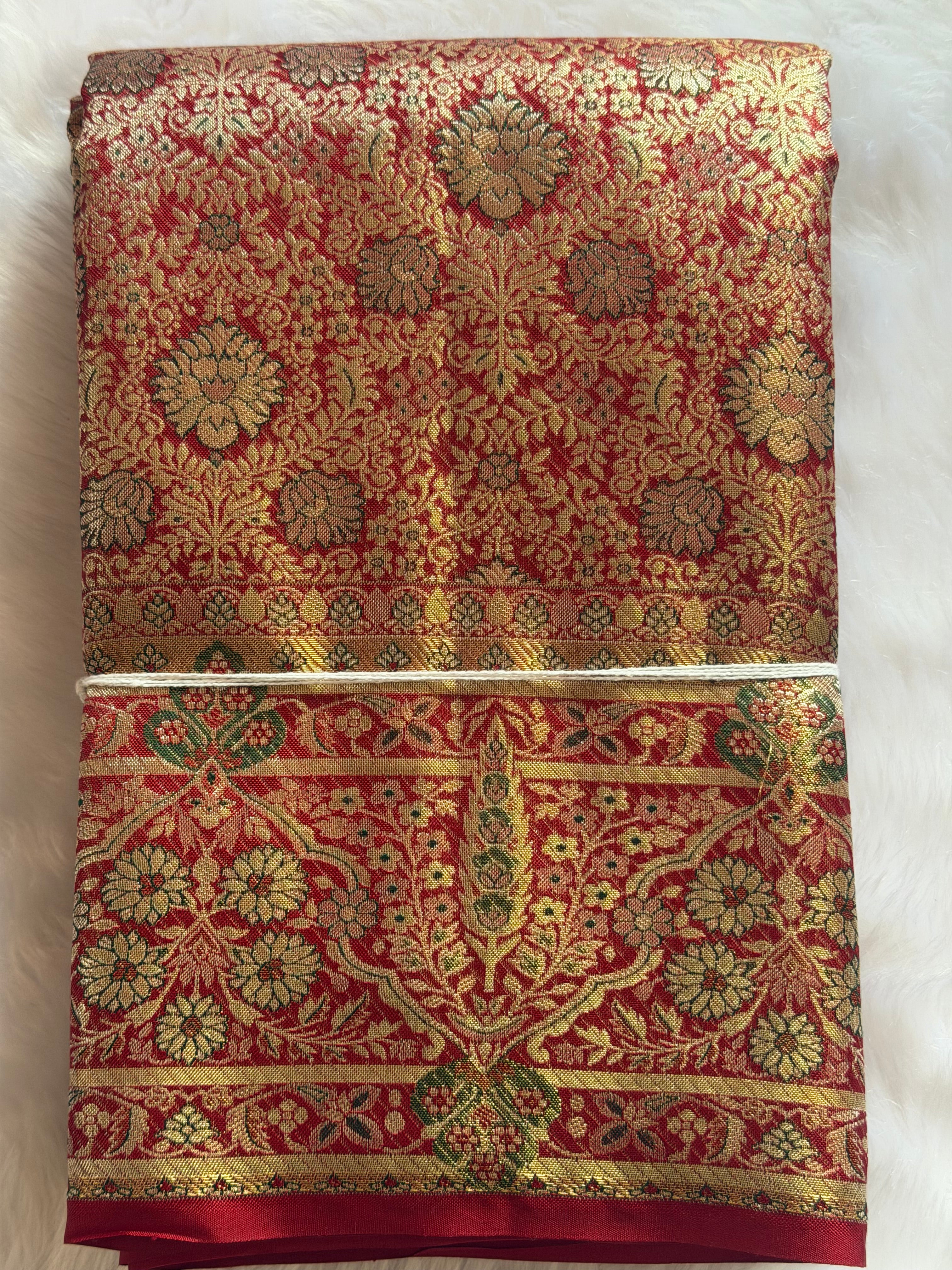 Kanchipuram premium pure silk saree draped view - heavier weave with elaborate zari for milestone occasions