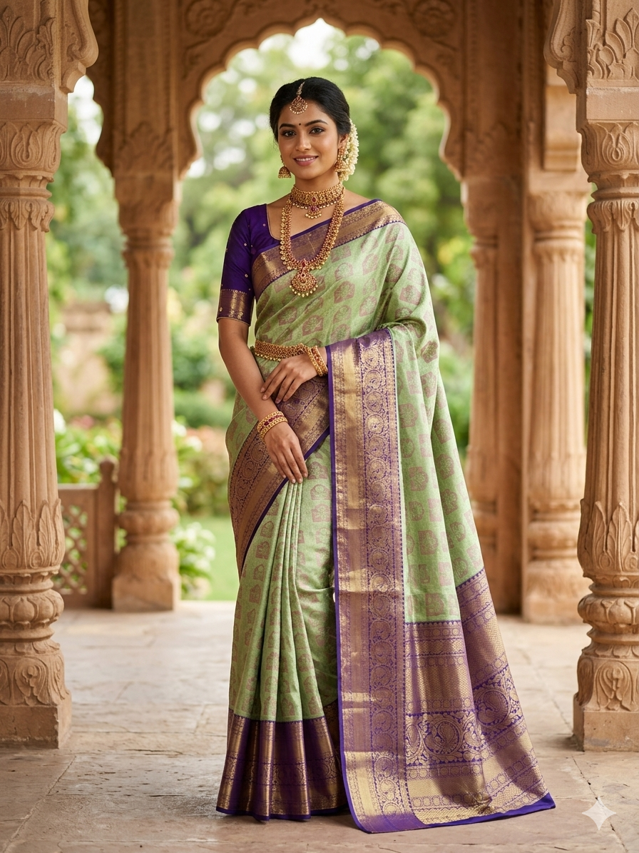 Emerald green Kanchipuram polyester silk saree with rich deep purple contrast border and korvai zari - NN Silk Sarees