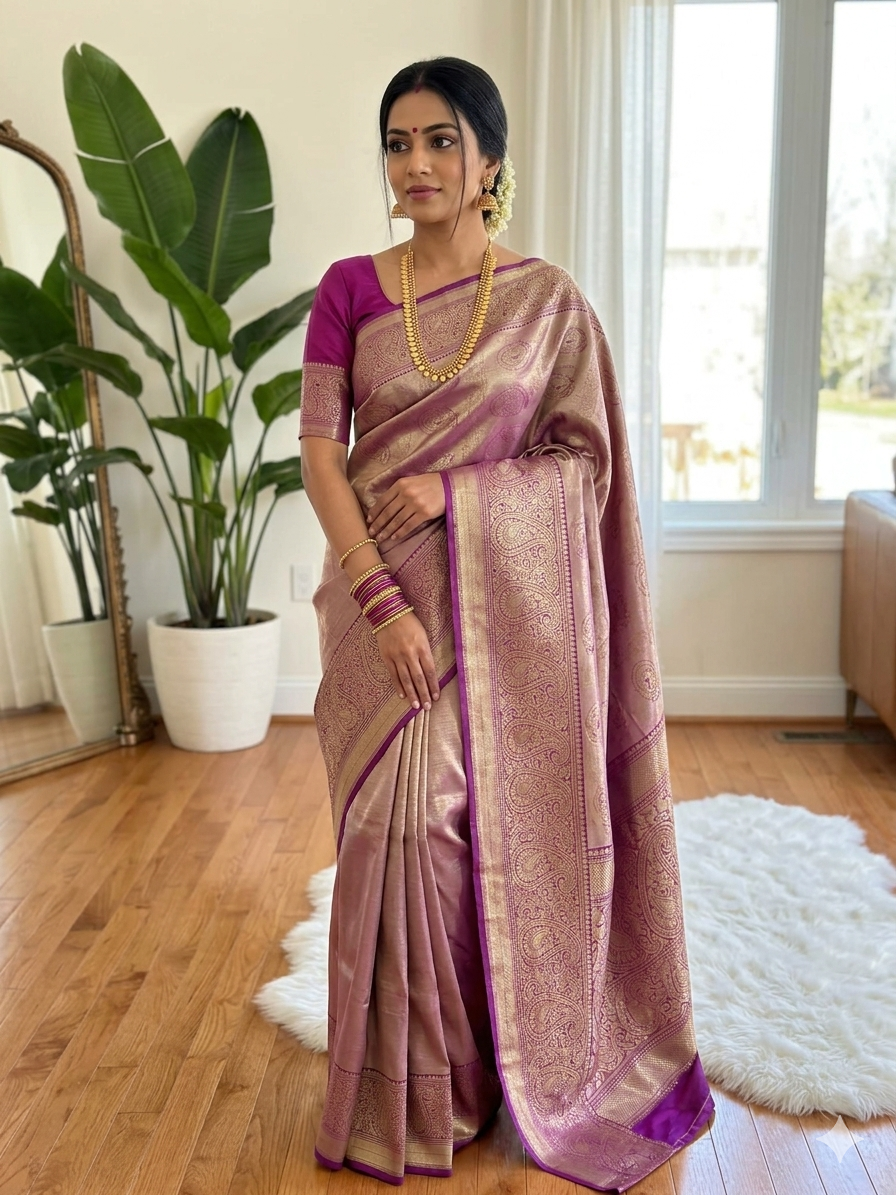 Kanchipuram tissue silk saree with golden shimmer and traditional zari border - KPTIS004 - NN Silk Sarees