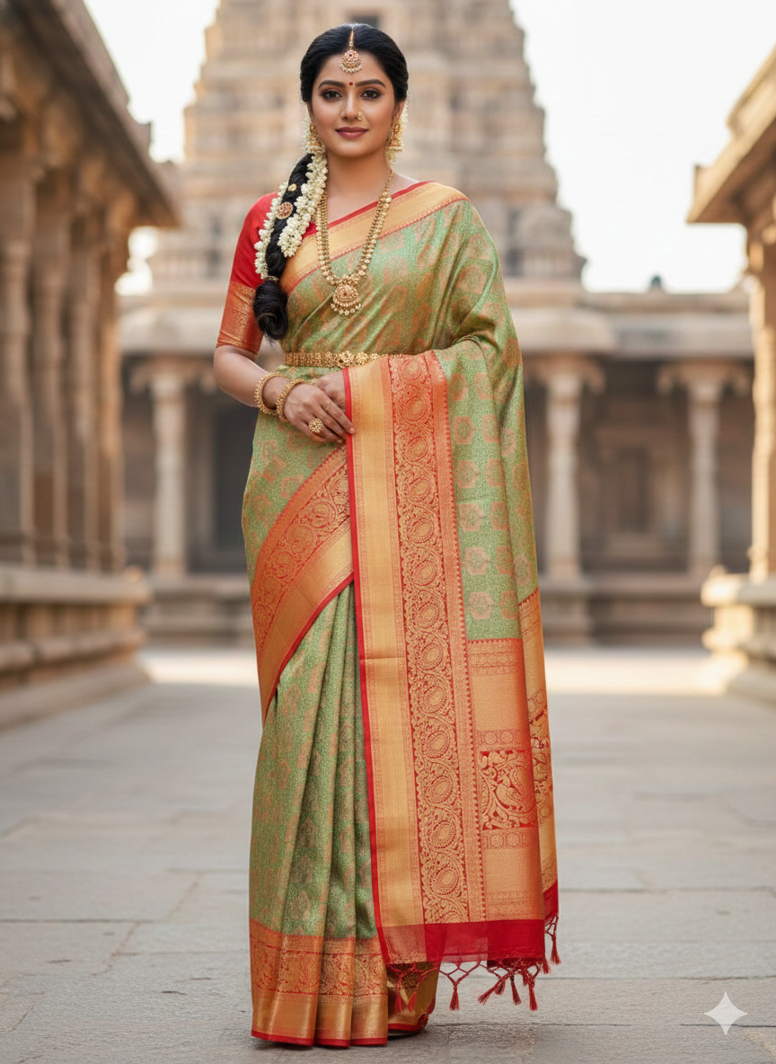 Green and gold floral brocade Kanchipuram polyester silk saree with reddish-orange zari border - NN Silk Sarees