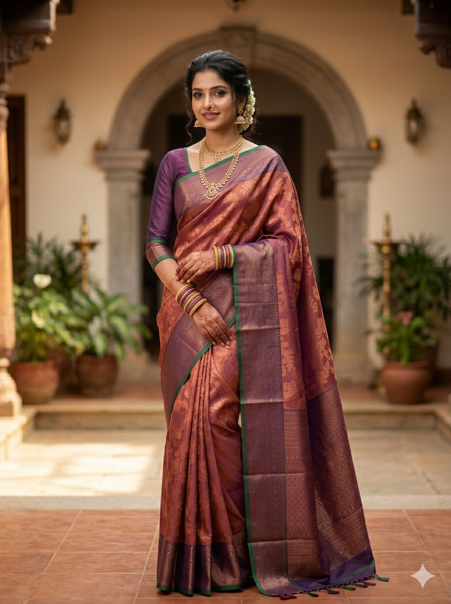Soft peach Kanchipuram polyester silk saree with golden floral zari medallions and broad bronze-gold border - NN Silk Sarees