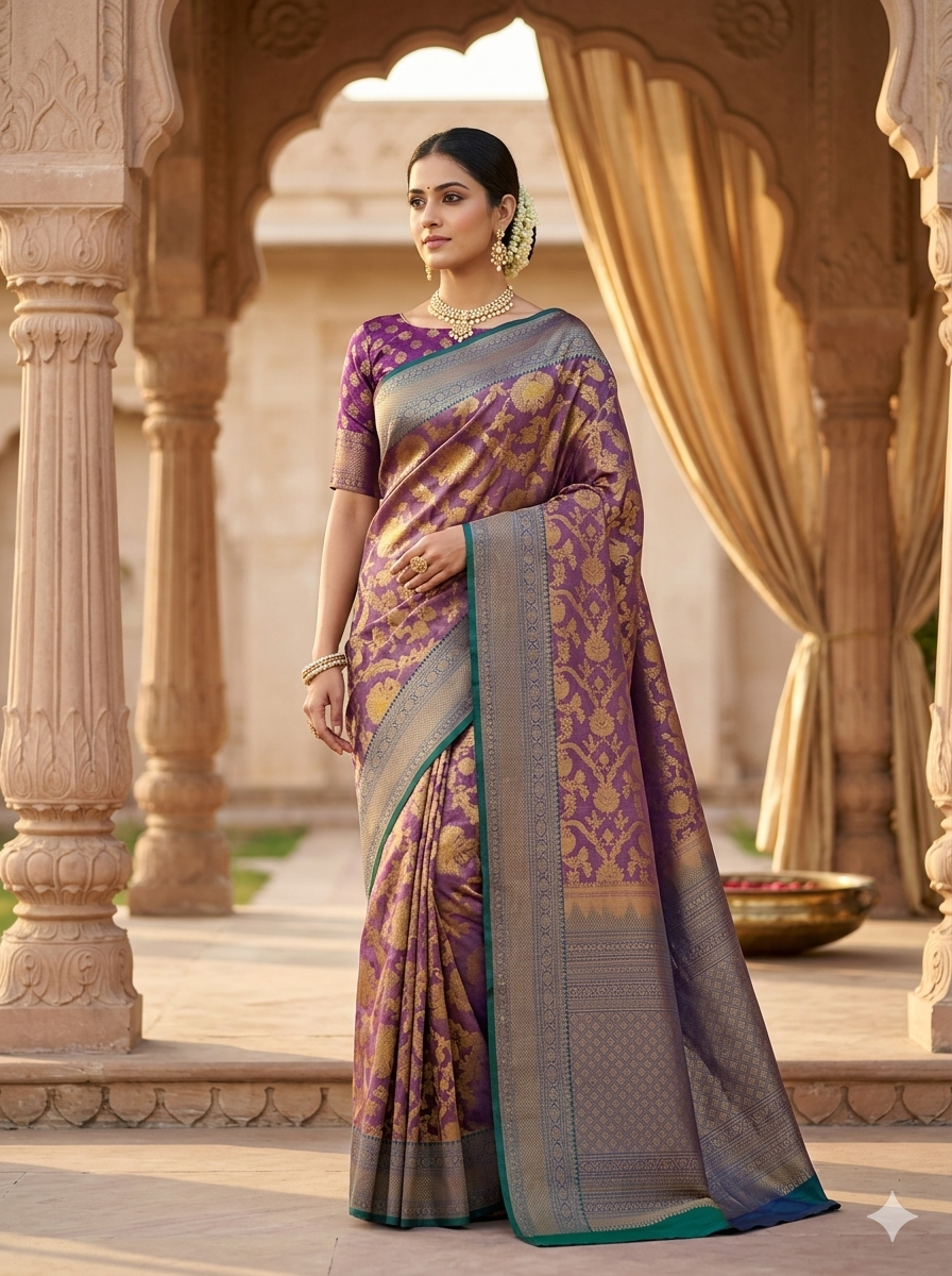 Rich mauve Kanchipuram polyester silk saree with gold zari floral motifs and teal blue geometric border - NN Silk Sarees