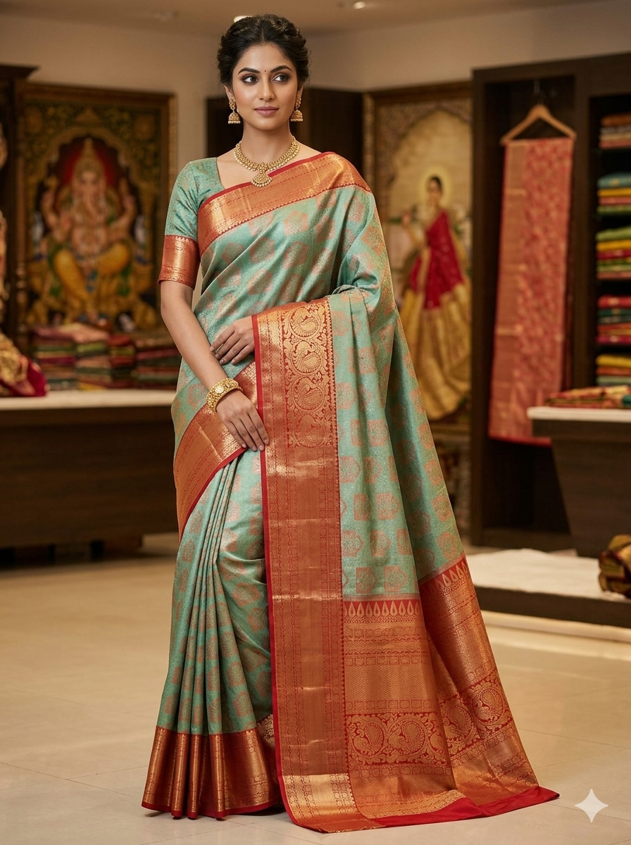 Vibhuti green and kumkum red Kanchipuram polyester silk saree with gold zari peacock pallu - NN Silk Sarees