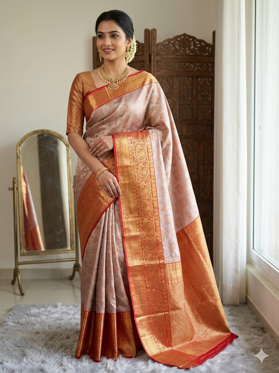 Grey Kanchipuram polyester silk saree with crimson red and gold zari peacock temple motif border - NN Silk Sarees