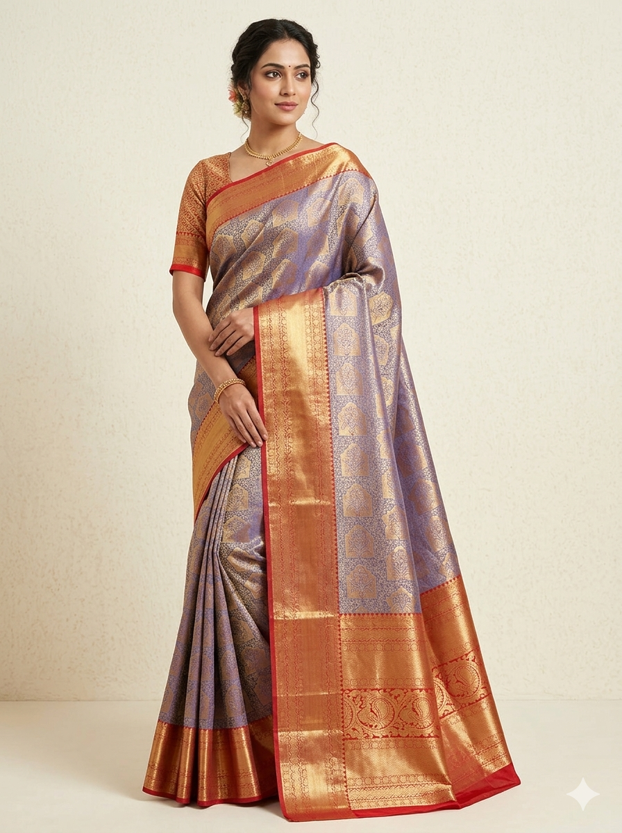 Dual-tone lilac and gold Kanchipuram polyester silk saree with floral temple motifs - NN Silk Sarees
