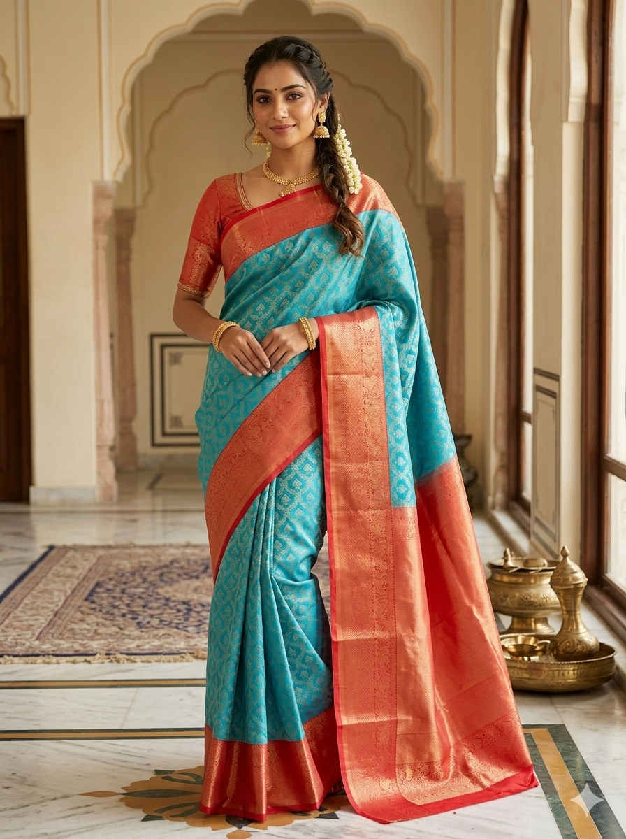 Teal blue Kanchipuram polyester silk saree with gold zari leaf motifs and red floral brocade border - NN Silk Sarees