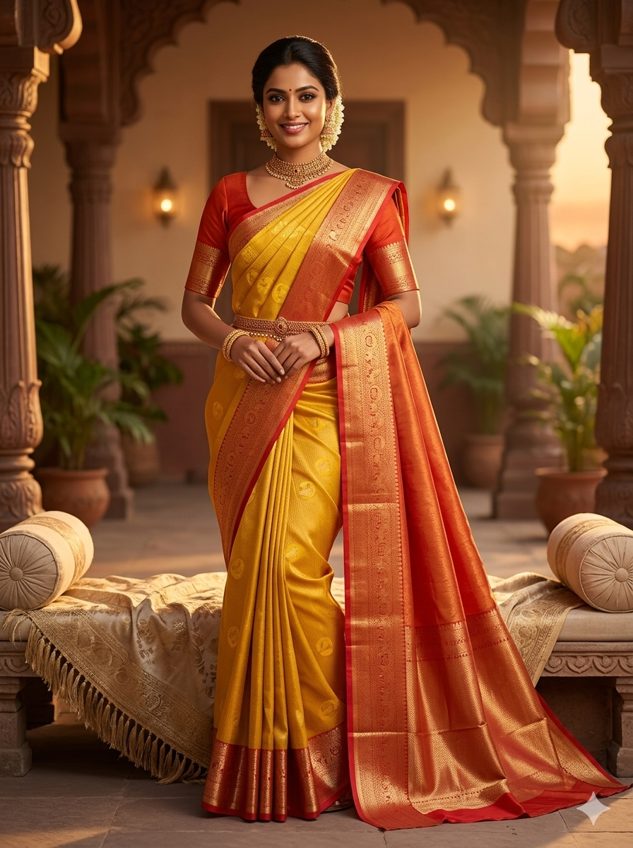 Mustard yellow Kanchipuram polyester silk saree with traditional circular butta pattern and maroon zari border - NN Silk Sarees