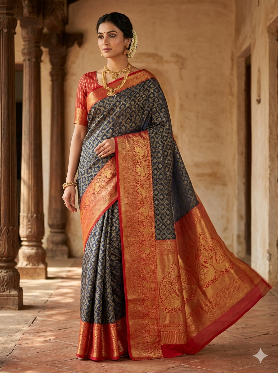 Black Kanchipuram polyester silk saree with dense gold zari butta work and wide red floral border - NN Silk Sarees