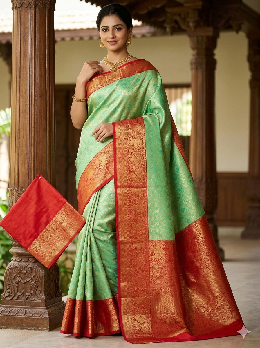 Seafoam green Kanchipuram polyester silk saree with gold zari buttas and crimson red border - NN Silk Sarees